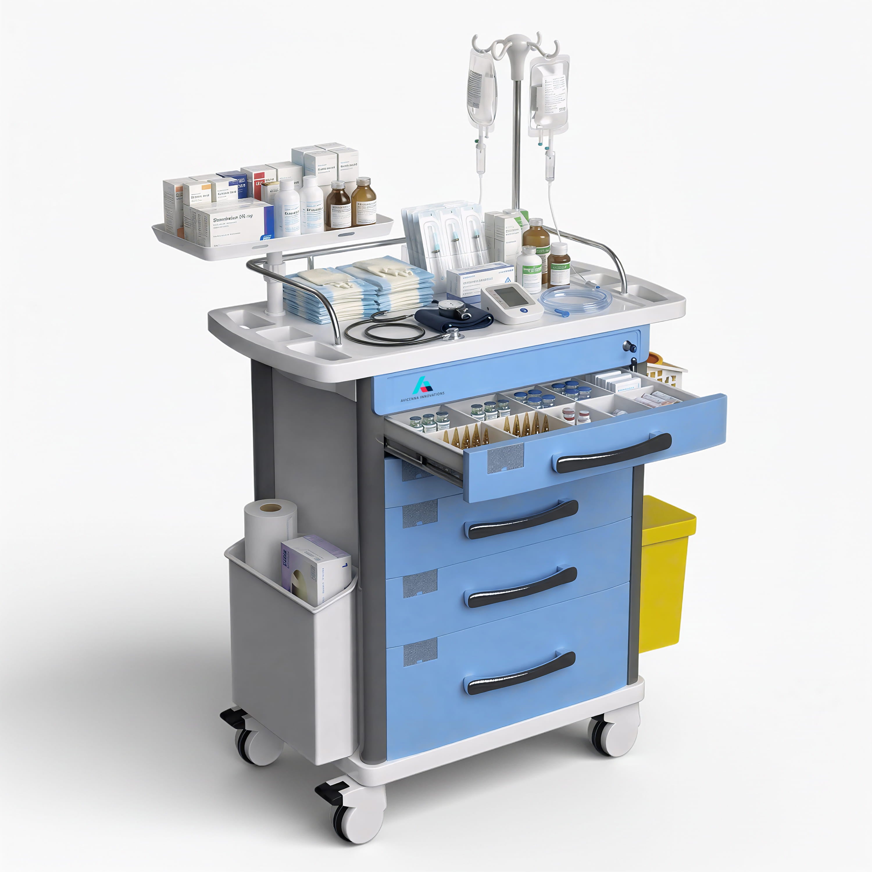 Avicenna Innovations Medical Crash Cart | Emergency Rolling Trolley with 5 Locking Drawers | Hospital Procedure & Lab Utility Cart w/ IV Pole, CPR Board, Defib Shelf & Power Strip | Mobile Workstation for Dental & Clinic