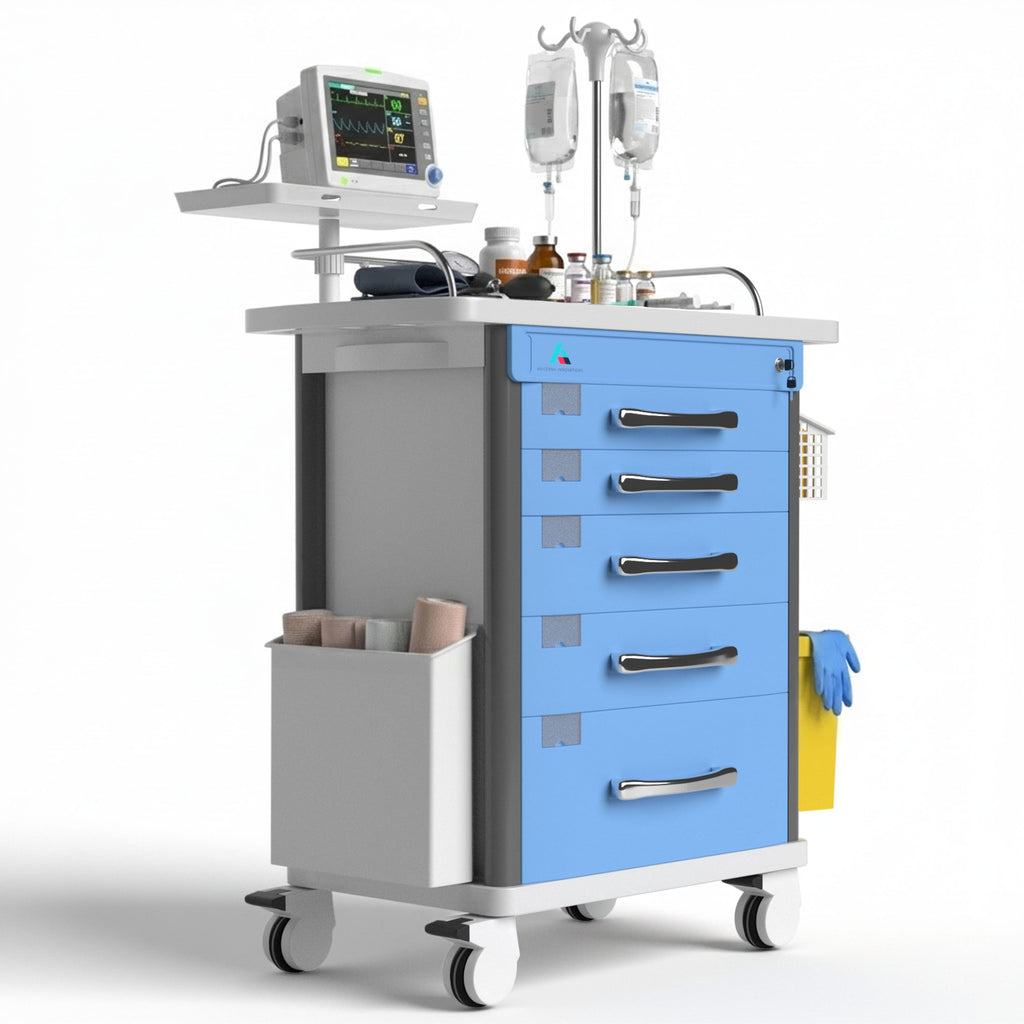 Avicenna Innovations Medical Crash Cart | Emergency Rolling Trolley with 5 Locking Drawers | Hospital Procedure & Lab Utility Cart w/ IV Pole, CPR Board, Defib Shelf & Power Strip | Mobile Workstation for Dental & Clinic