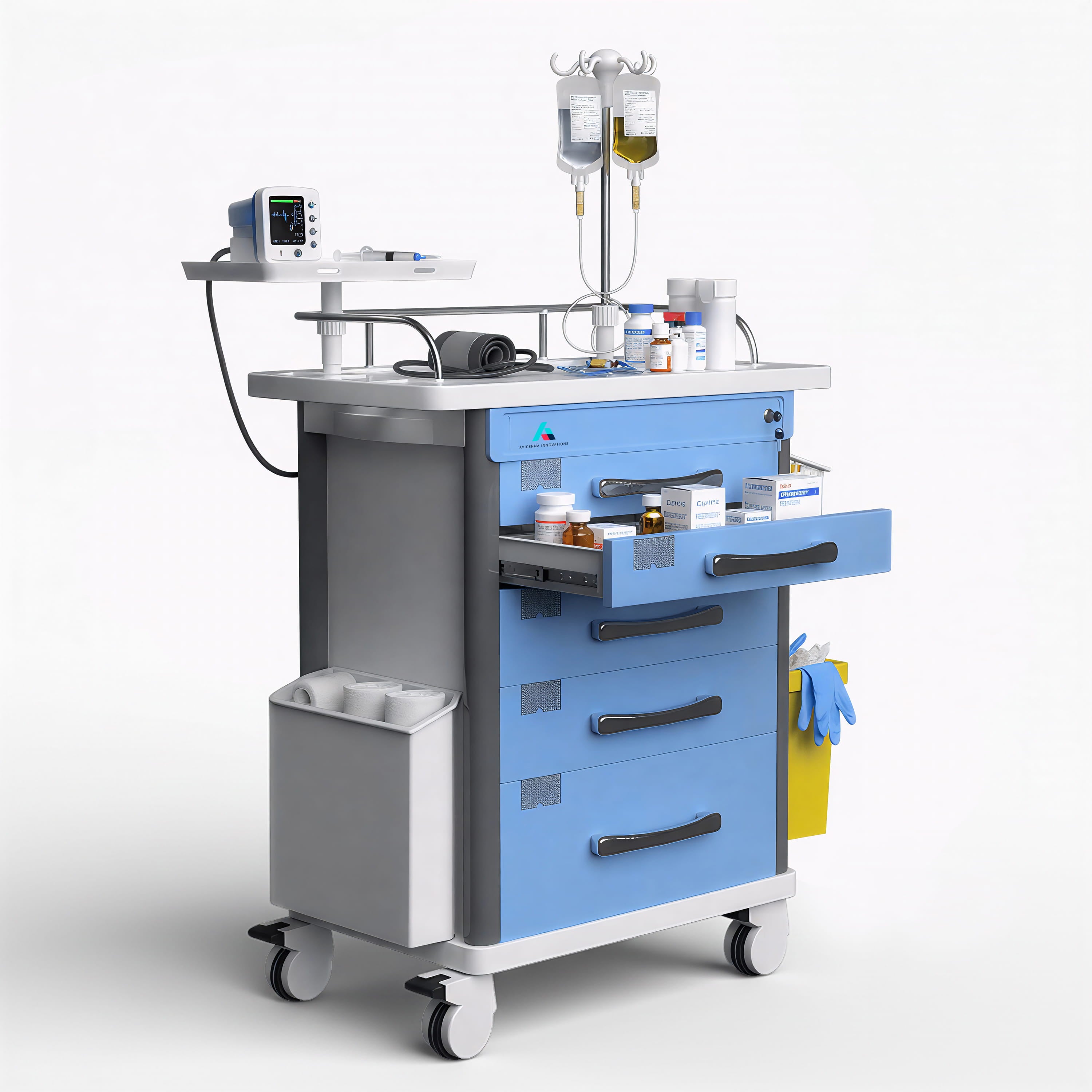 Avicenna Innovations Medical Crash Cart | Emergency Rolling Trolley with 5 Locking Drawers | Hospital Procedure & Lab Utility Cart w/ IV Pole, CPR Board, Defib Shelf & Power Strip | Mobile Workstation for Dental & Clinic