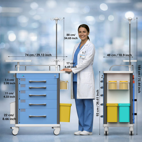 Avicenna Innovations Medical Crash Cart | Emergency Rolling Trolley with 5 Locking Drawers | Hospital Procedure & Lab Utility Cart w/ IV Pole, CPR Board, Defib Shelf & Power Strip | Mobile Workstation for Dental & Clinic