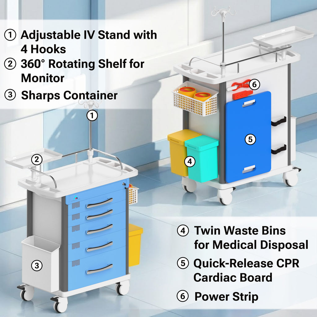 Avicenna Innovations Medical Crash Cart | Emergency Rolling Trolley with 5 Locking Drawers | Hospital Procedure & Lab Utility Cart w/ IV Pole, CPR Board, Defib Shelf & Power Strip | Mobile Workstation for Dental & Clinic