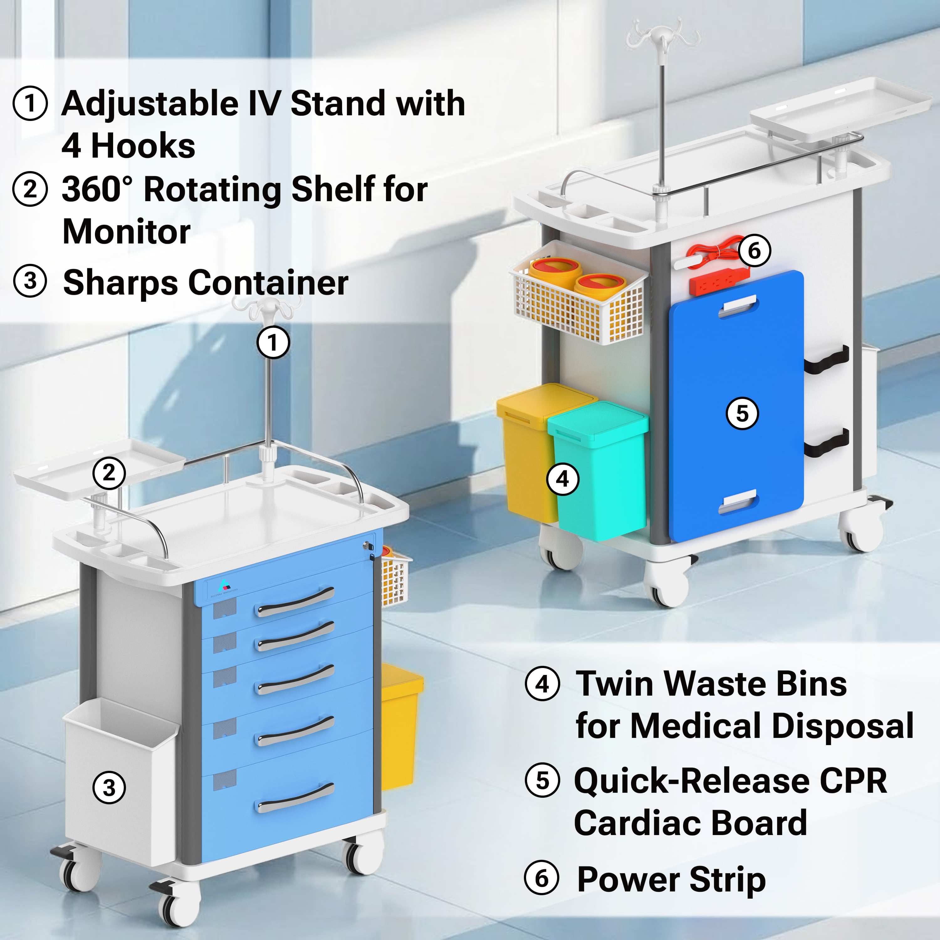 Avicenna Innovations Medical Crash Cart | Emergency Rolling Trolley with 5 Locking Drawers | Hospital Procedure & Lab Utility Cart w/ IV Pole, CPR Board, Defib Shelf & Power Strip | Mobile Workstation for Dental & Clinic