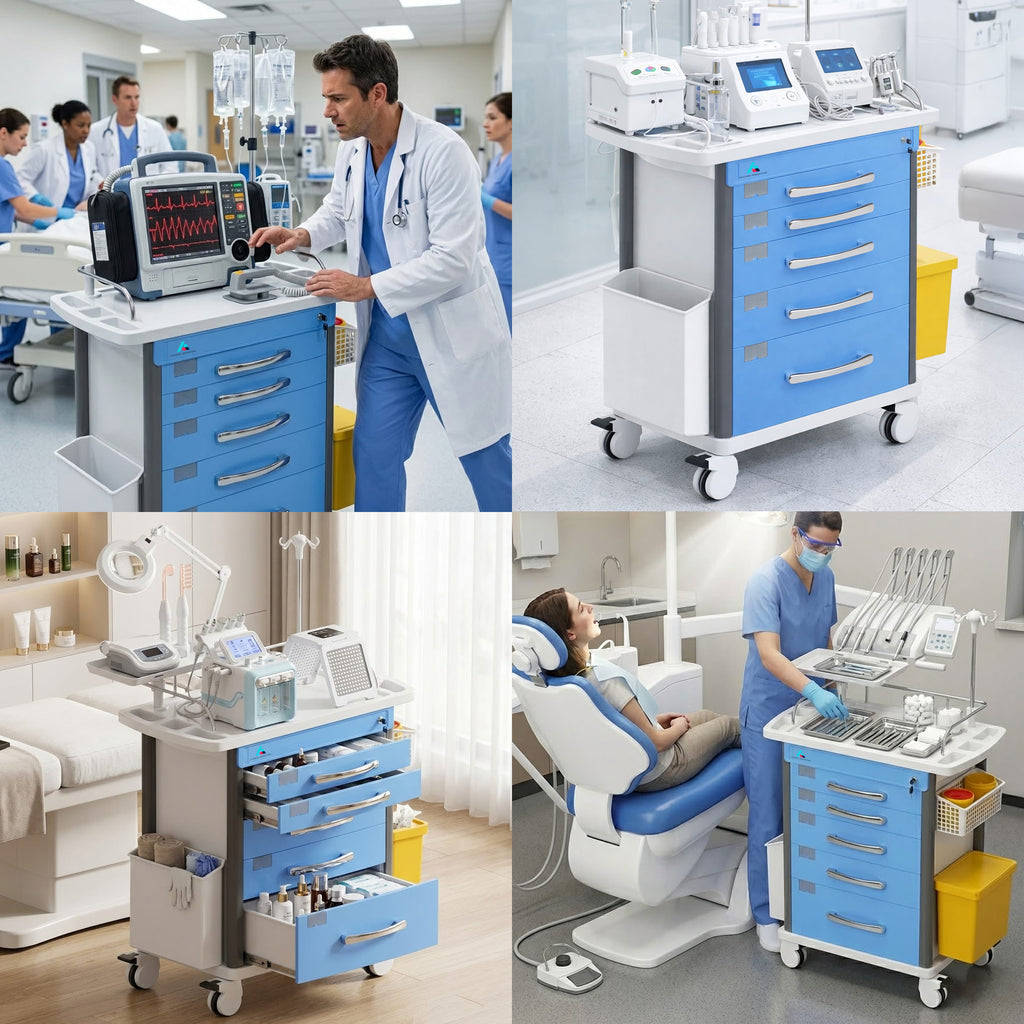 Avicenna Innovations Medical Crash Cart | Emergency Rolling Trolley with 5 Locking Drawers | Hospital Procedure & Lab Utility Cart w/ IV Pole, CPR Board, Defib Shelf & Power Strip | Mobile Workstation for Dental & Clinic