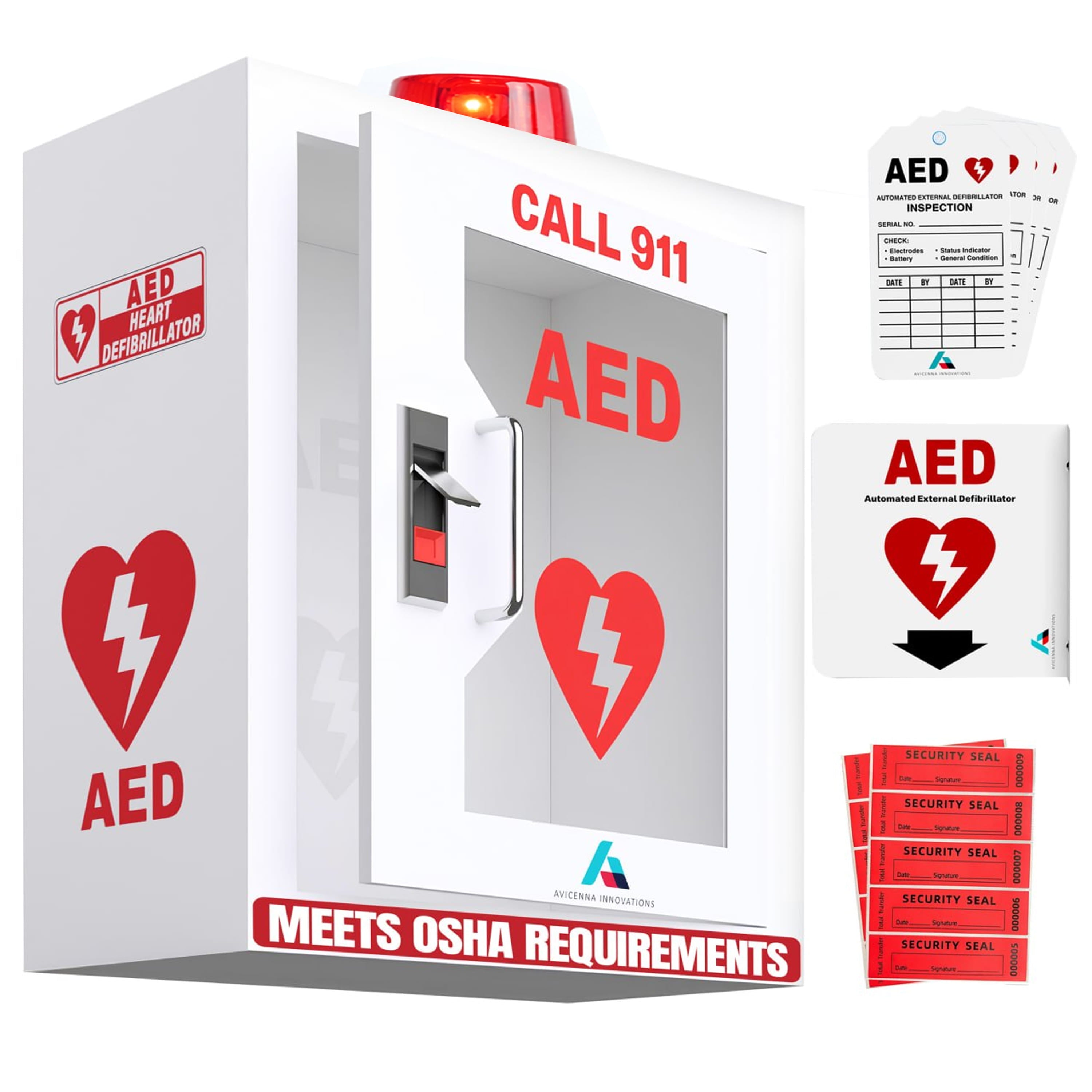 Avicenna Innovations Steel AED Cabinet Kit | Wall Mount Box with Alarm & Strobe Light | Turnkey Solution Includes 3D Sign, Inspection Tags & Security Seals | Universal Fit (16" H x 14" W x 8" D)
