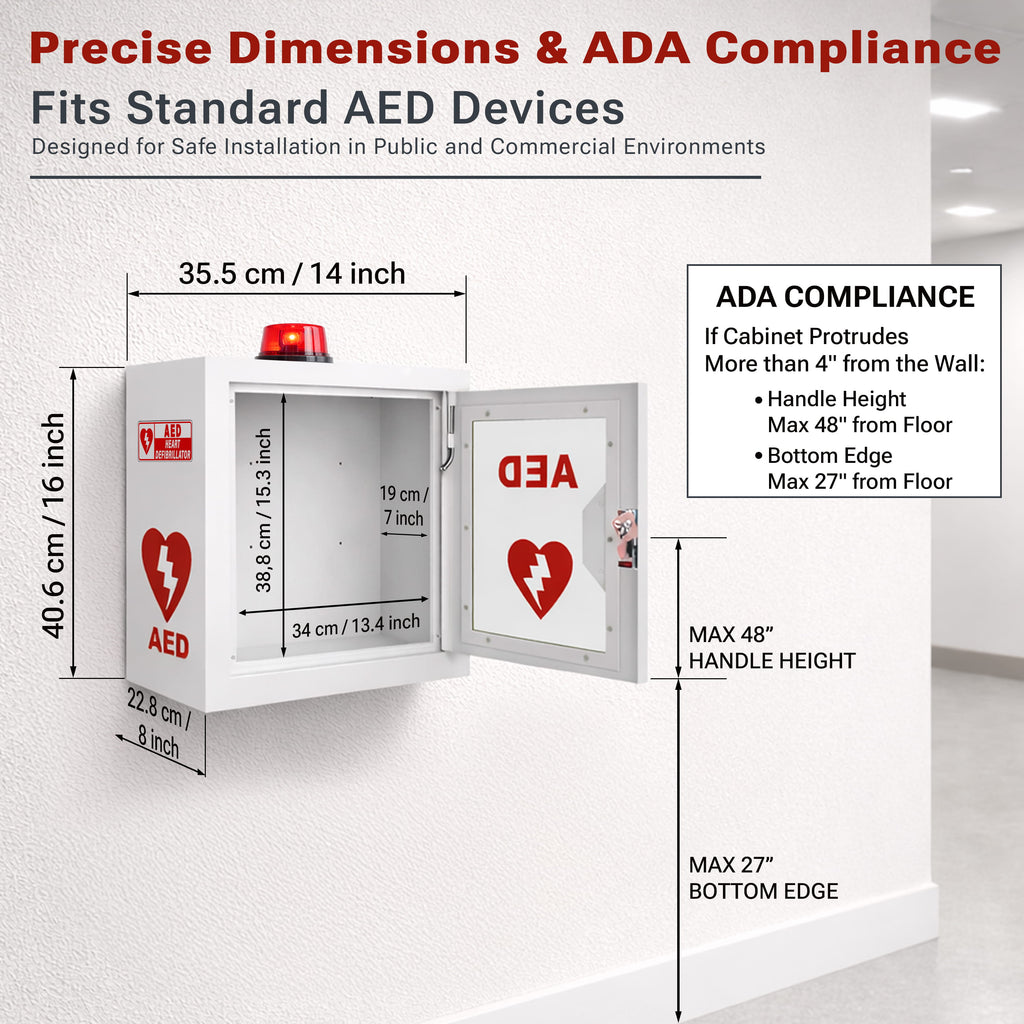 Avicenna Innovations Steel AED Cabinet Kit | Wall Mount Box with Alarm & Strobe Light | Turnkey Solution Includes 3D Sign, Inspection Tags & Security Seals | Universal Fit (16" H x 14" W x 8" D)