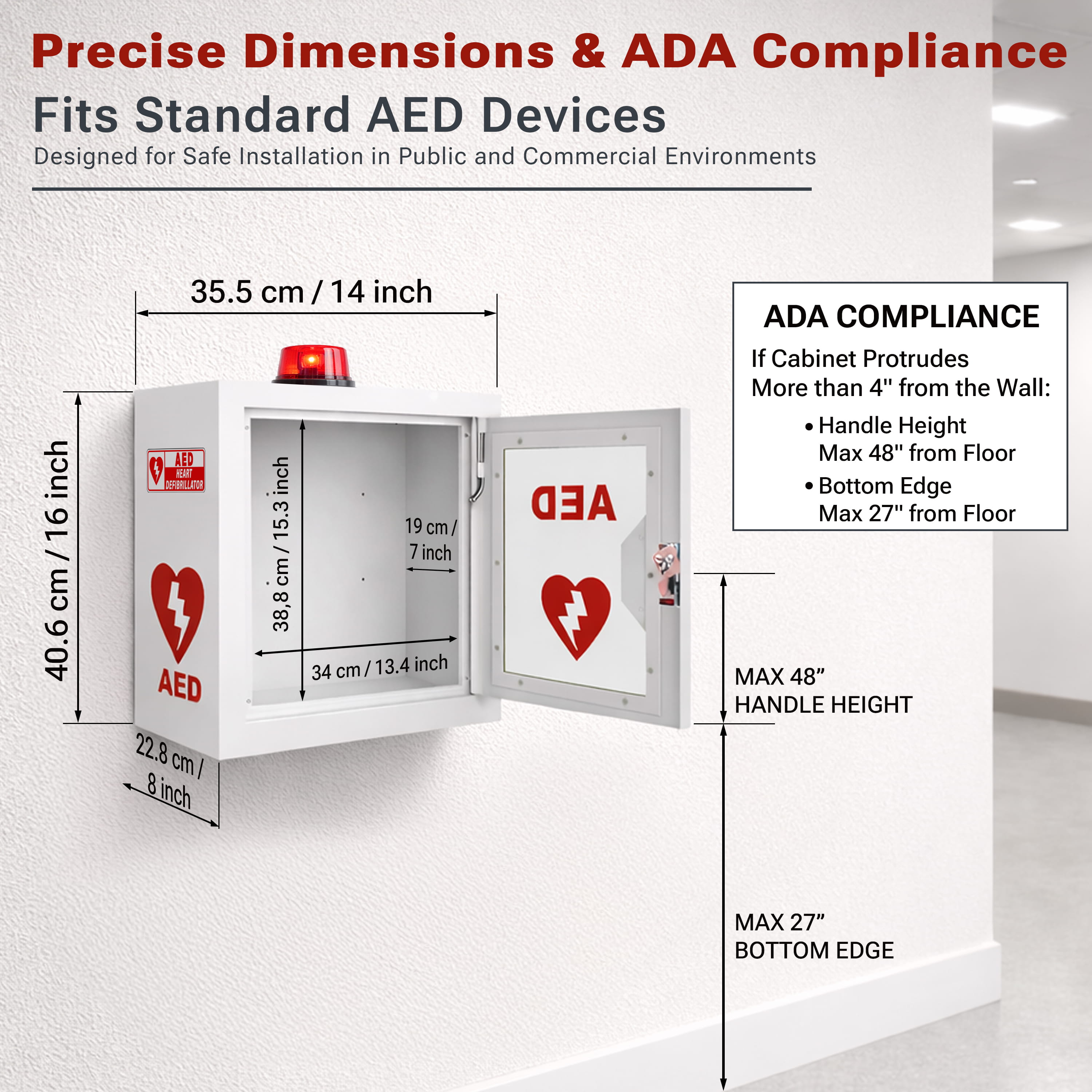 Avicenna Innovations Steel AED Cabinet Kit | Wall Mount Box with Alarm & Strobe Light | Turnkey Solution Includes 3D Sign, Inspection Tags & Security Seals | Universal Fit (16" H x 14" W x 8" D)