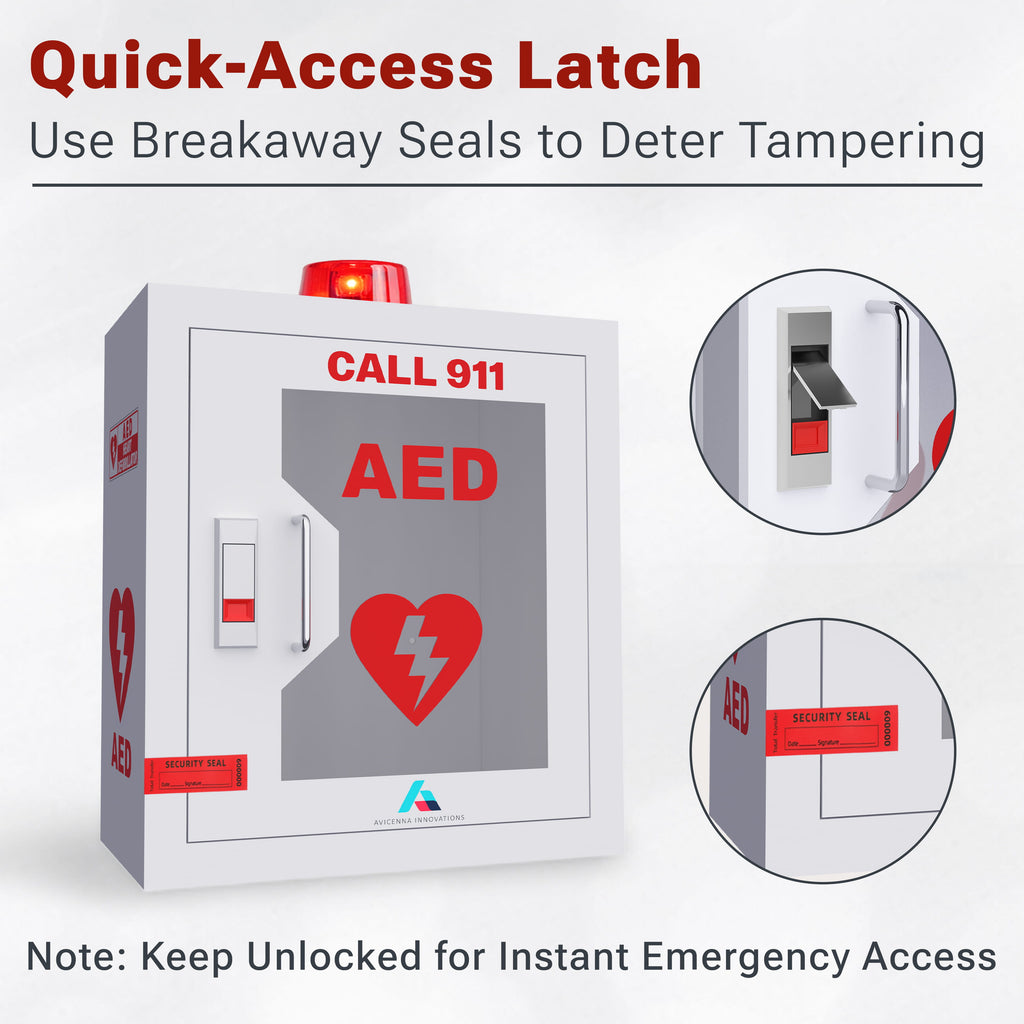 Avicenna Innovations Steel AED Cabinet Kit | Wall Mount Box with Alarm & Strobe Light | Turnkey Solution Includes 3D Sign, Inspection Tags & Security Seals | Universal Fit (16" H x 14" W x 8" D)