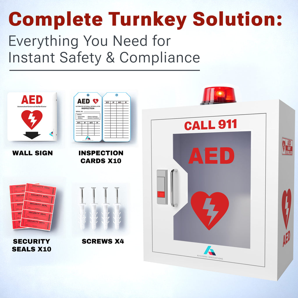 Avicenna Innovations Steel AED Cabinet Kit | Wall Mount Box with Alarm & Strobe Light | Turnkey Solution Includes 3D Sign, Inspection Tags & Security Seals | Universal Fit (16" H x 14" W x 8" D)