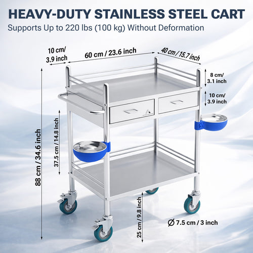 Avicenna Innovations Medical Stainless Steel 2 Tier Rolling Cart with Wheels and Drawers