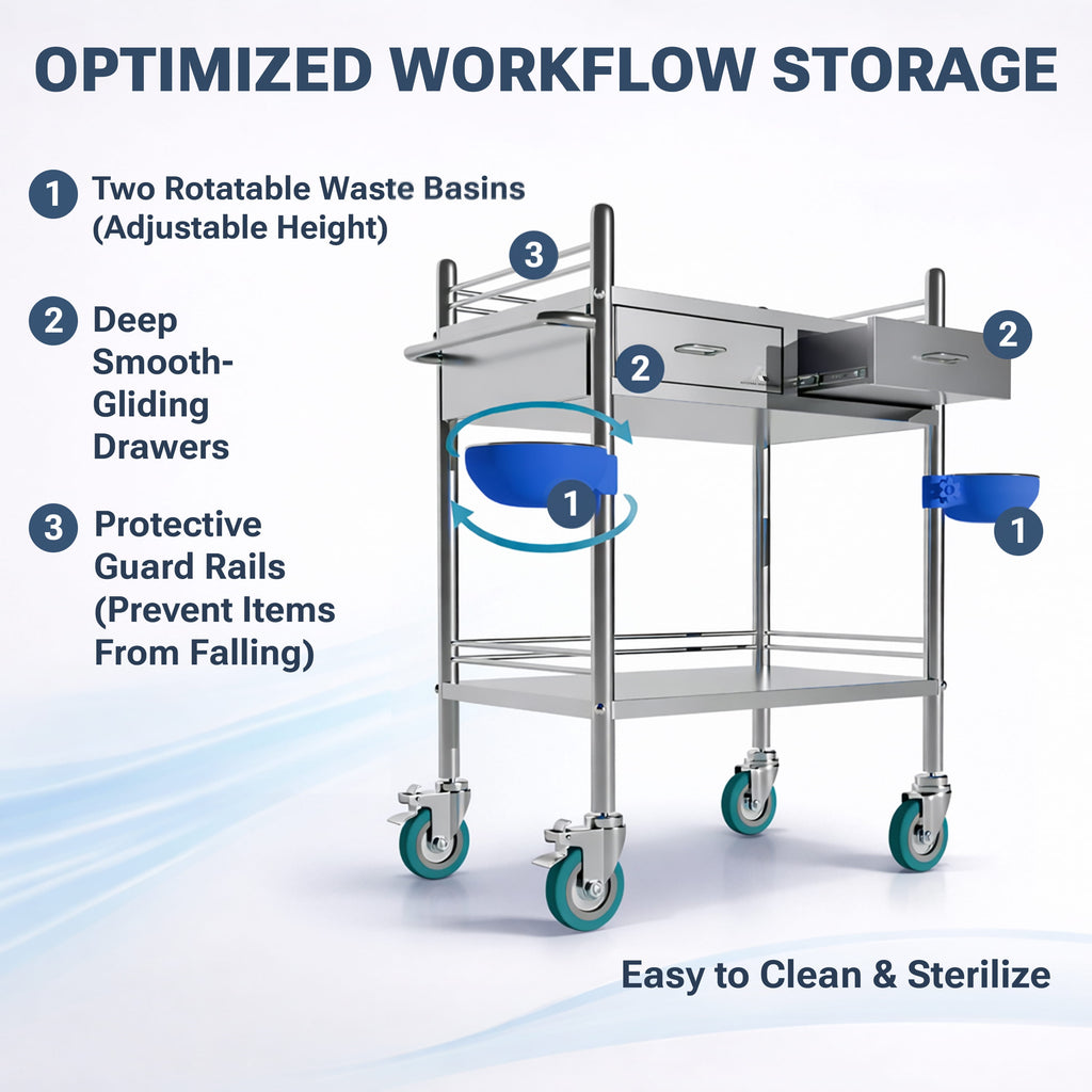 Avicenna Innovations Medical Stainless Steel 2 Tier Rolling Cart with Wheels and Drawers
