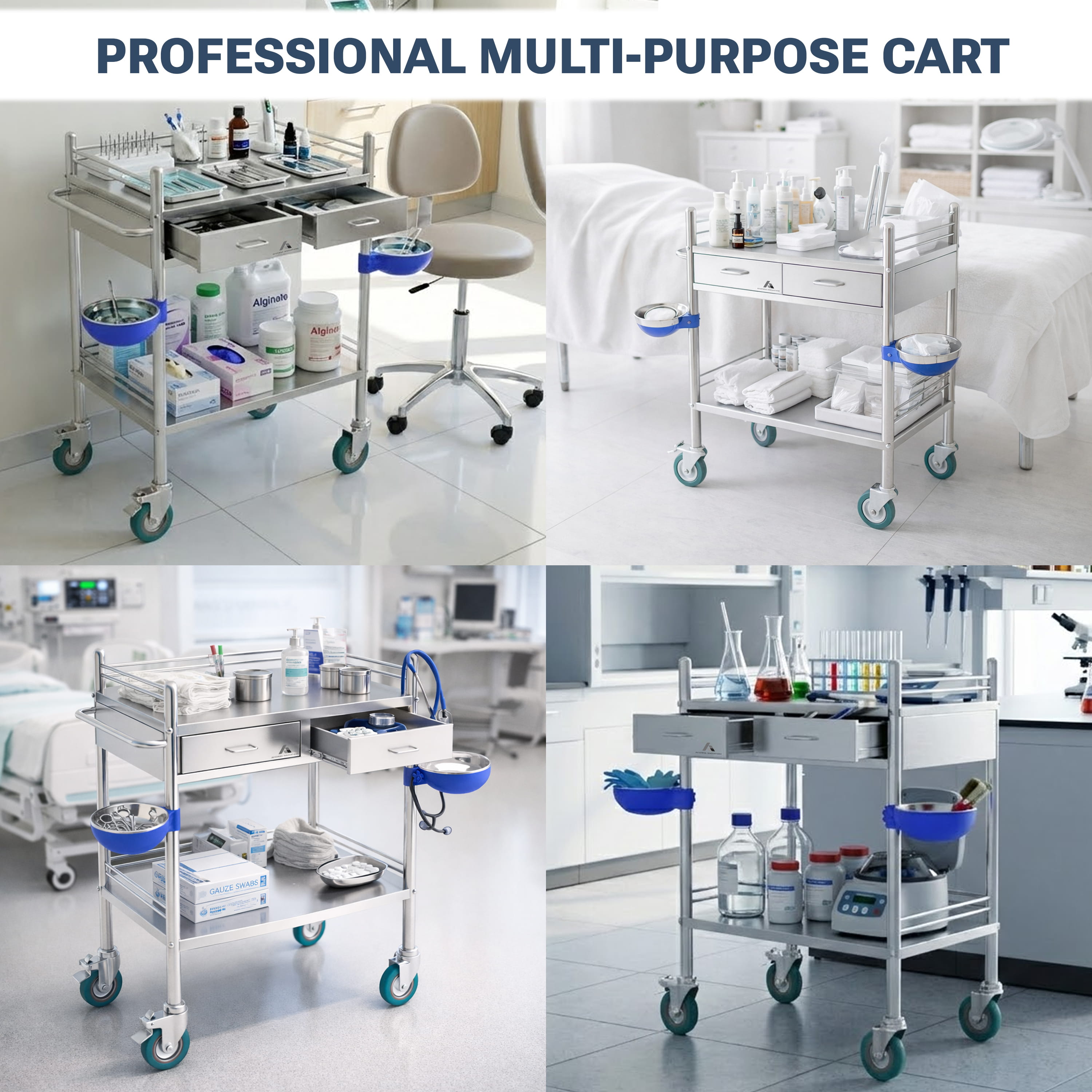 Avicenna Innovations Medical Stainless Steel 2 Tier Rolling Cart with Wheels and Drawers