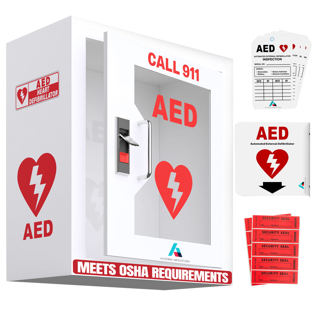 Avicenna Innovations Steel AED Cabinet Kit | Wall Mount Box with Snaplock | Turnkey Solution Includes 3D Sign, Inspection Tags & Security Seals | Universal Fit (16" H x 14" W x 8" D)