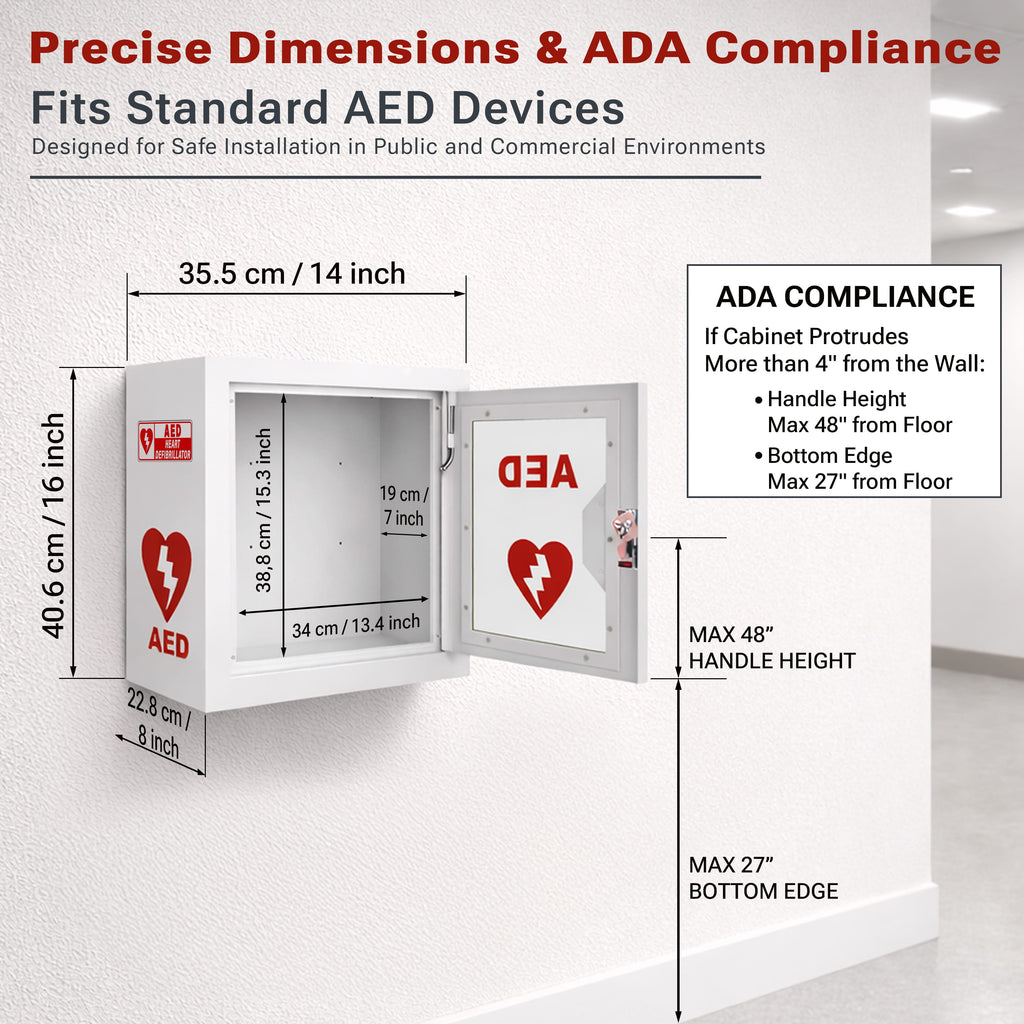 Avicenna Innovations Steel AED Cabinet Kit | Wall Mount Box with Snaplock | Turnkey Solution Includes 3D Sign, Inspection Tags & Security Seals | Universal Fit (16" H x 14" W x 8" D)