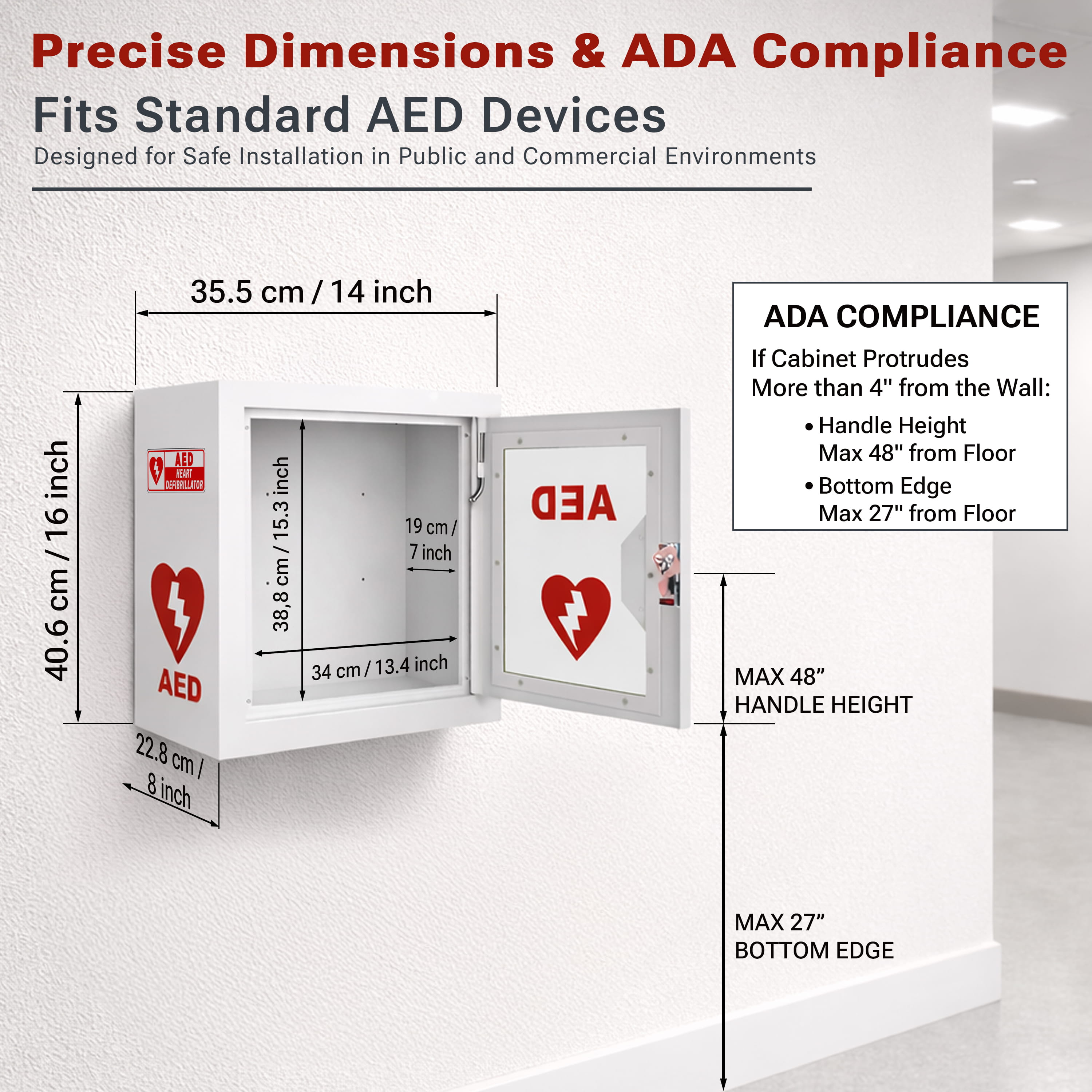 Avicenna Innovations Steel AED Cabinet Kit | Wall Mount Box with Snaplock | Turnkey Solution Includes 3D Sign, Inspection Tags & Security Seals | Universal Fit (16" H x 14" W x 8" D)