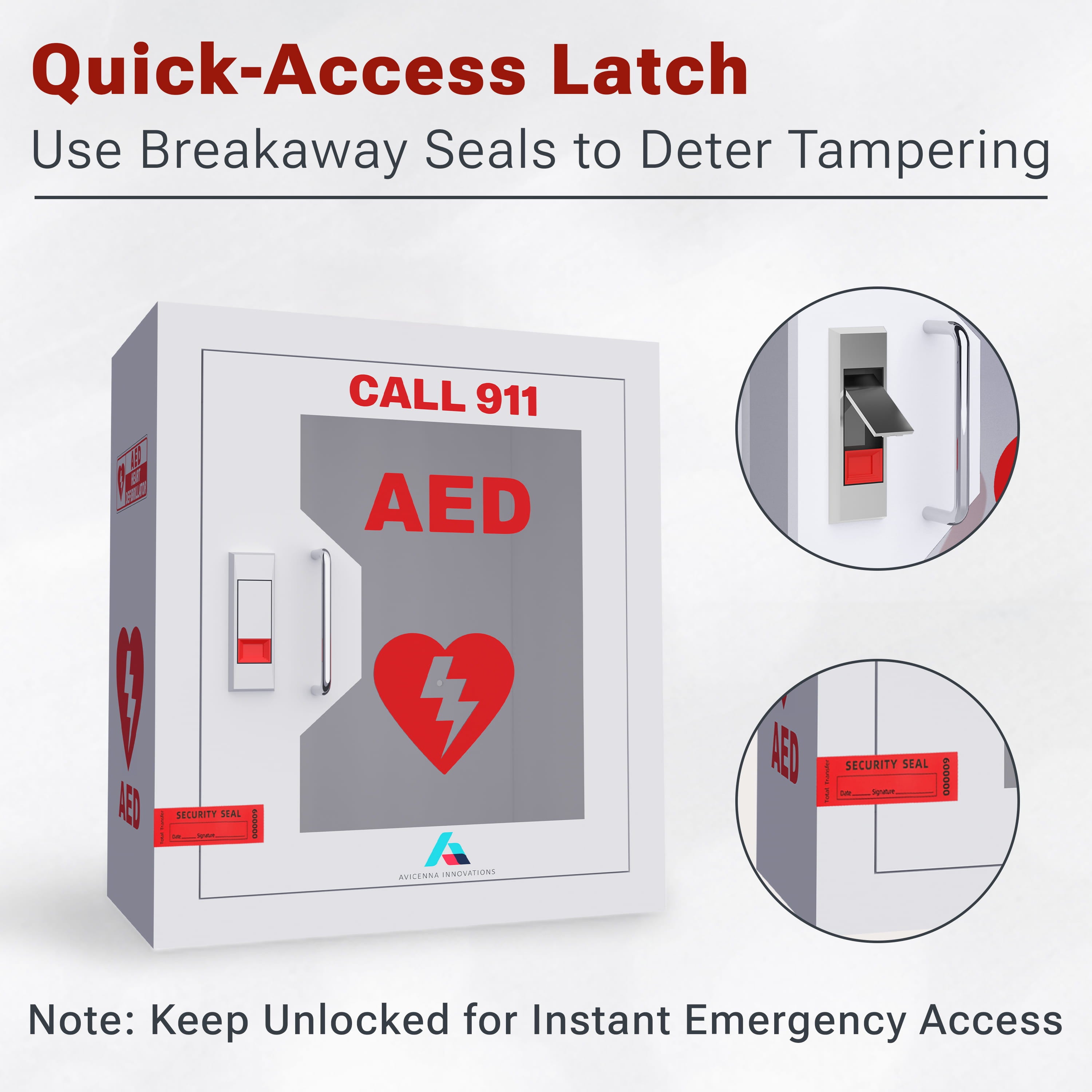 Avicenna Innovations Steel AED Cabinet Kit | Wall Mount Box with Snaplock | Turnkey Solution Includes 3D Sign, Inspection Tags & Security Seals | Universal Fit (16" H x 14" W x 8" D)