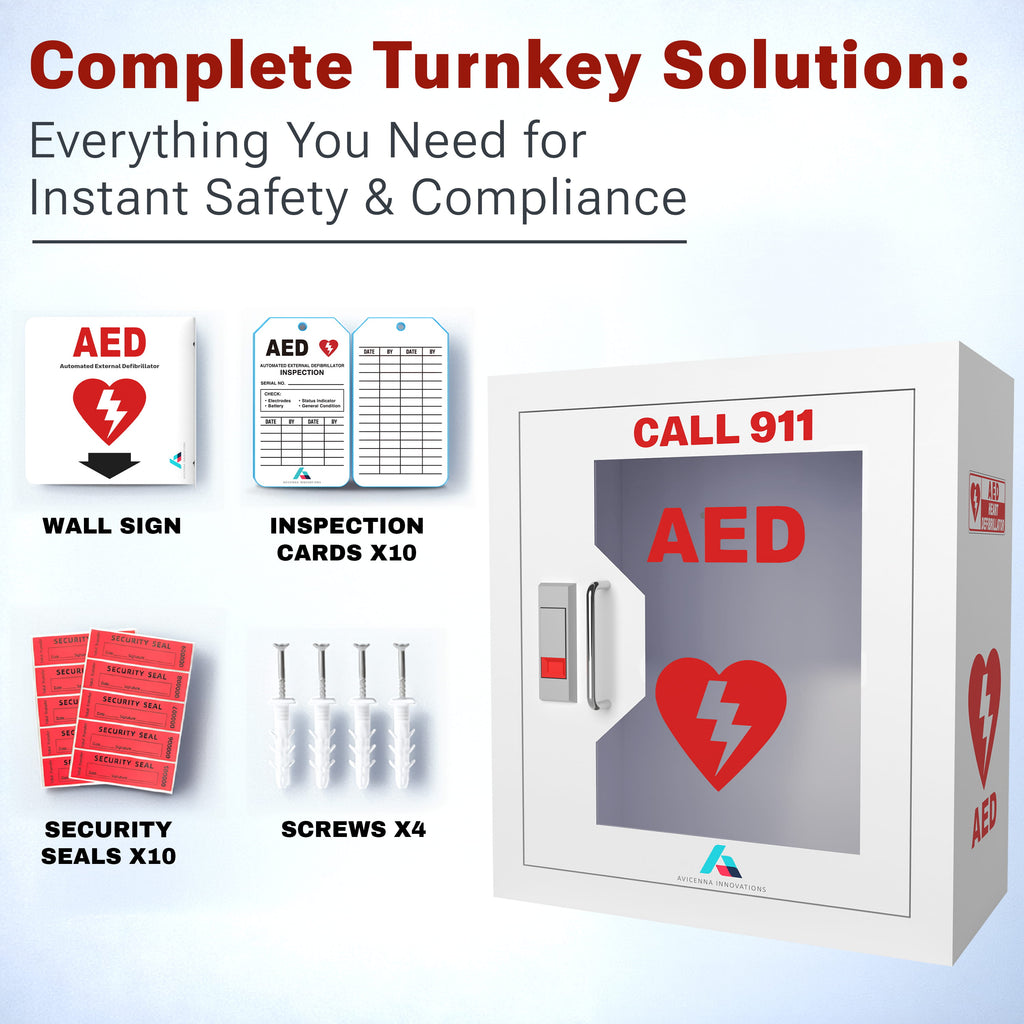 Avicenna Innovations Steel AED Cabinet Kit | Wall Mount Box with Snaplock | Turnkey Solution Includes 3D Sign, Inspection Tags & Security Seals | Universal Fit (16" H x 14" W x 8" D)