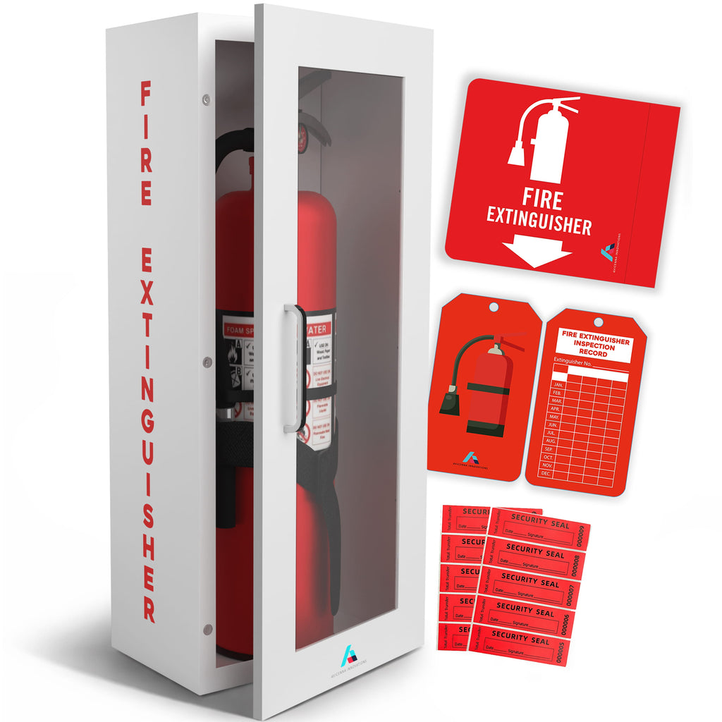 Avicenna Innovations Steel Fire Extinguisher Cabinet White | Wall Mount Box with Quick-Access Magnetic Door | Turnkey Kit with 3D Sign, Tags & Seals | Fits 5-10lb Extinguishers (24.6"H x 10.6"W x 5.9"D)