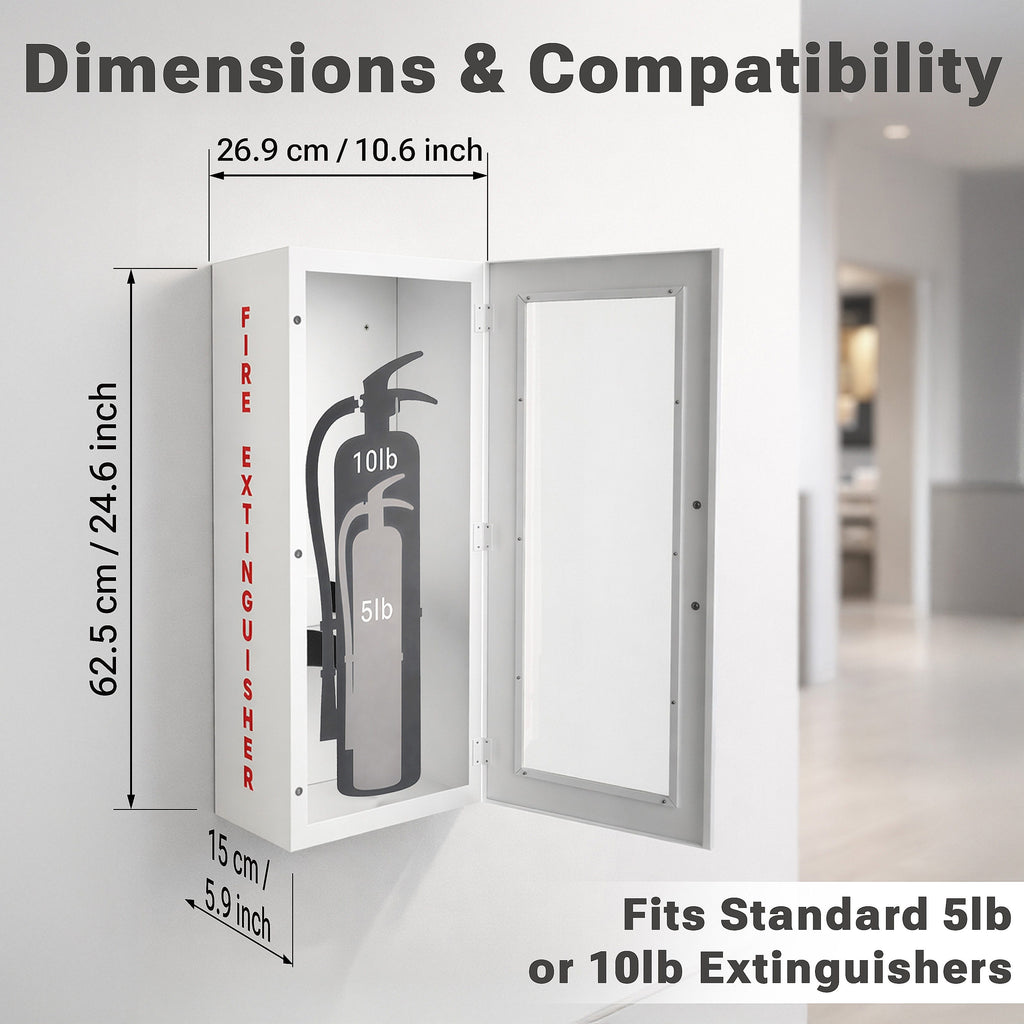 Avicenna Innovations Steel Fire Extinguisher Cabinet White | Wall Mount Box with Quick-Access Magnetic Door | Turnkey Kit with 3D Sign, Tags & Seals | Fits 5-10lb Extinguishers (24.6"H x 10.6"W x 5.9"D)