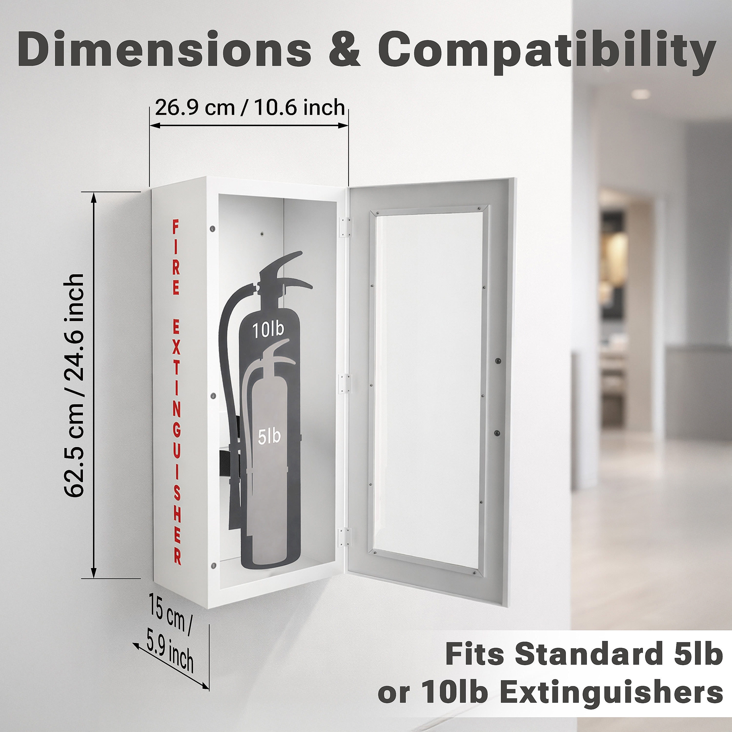 Avicenna Innovations Steel Fire Extinguisher Cabinet White | Wall Mount Box with Quick-Access Magnetic Door | Turnkey Kit with 3D Sign, Tags & Seals | Fits 5-10lb Extinguishers (24.6"H x 10.6"W x 5.9"D)