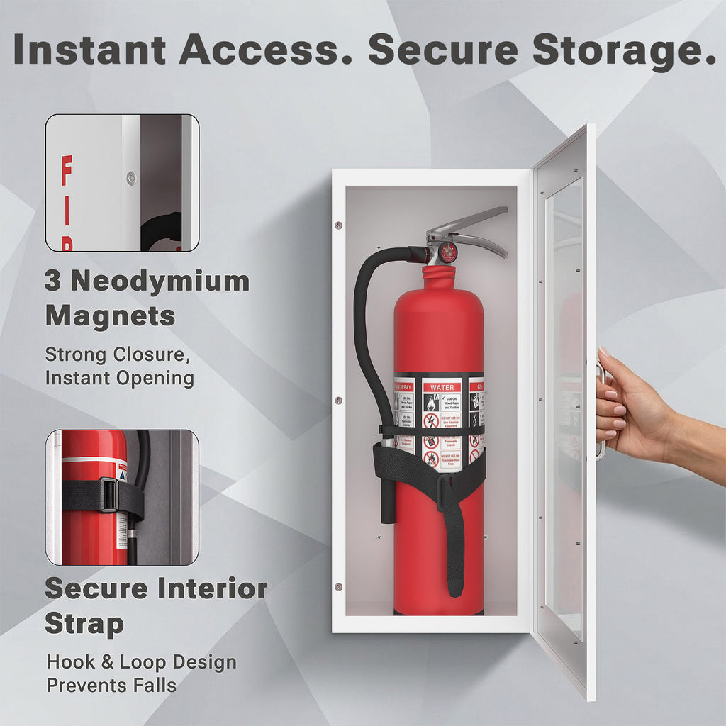 Avicenna Innovations Steel Fire Extinguisher Cabinet White | Wall Mount Box with Quick-Access Magnetic Door | Turnkey Kit with 3D Sign, Tags & Seals | Fits 5-10lb Extinguishers (24.6"H x 10.6"W x 5.9"D)