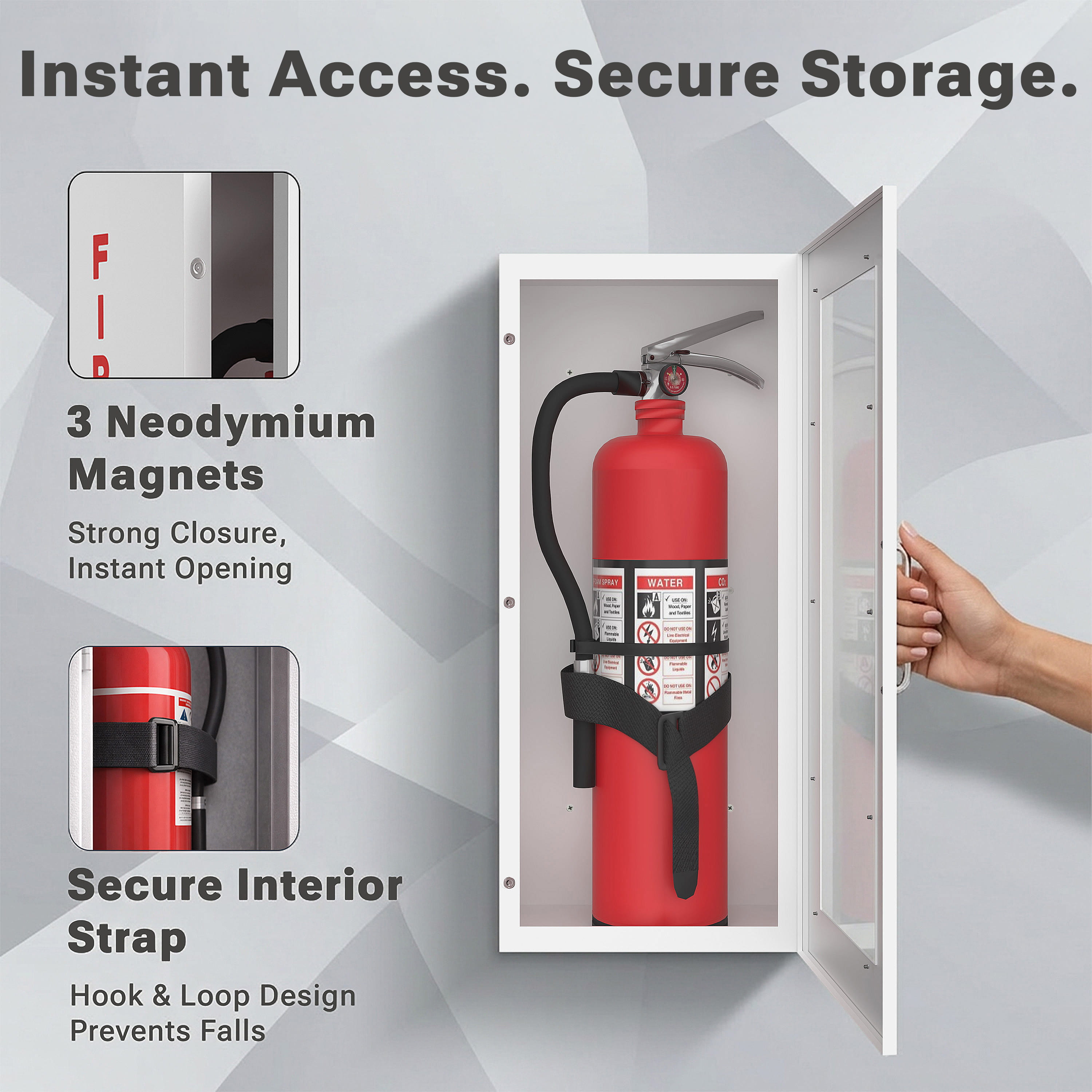 Avicenna Innovations Steel Fire Extinguisher Cabinet White | Wall Mount Box with Quick-Access Magnetic Door | Turnkey Kit with 3D Sign, Tags & Seals | Fits 5-10lb Extinguishers (24.6"H x 10.6"W x 5.9"D)