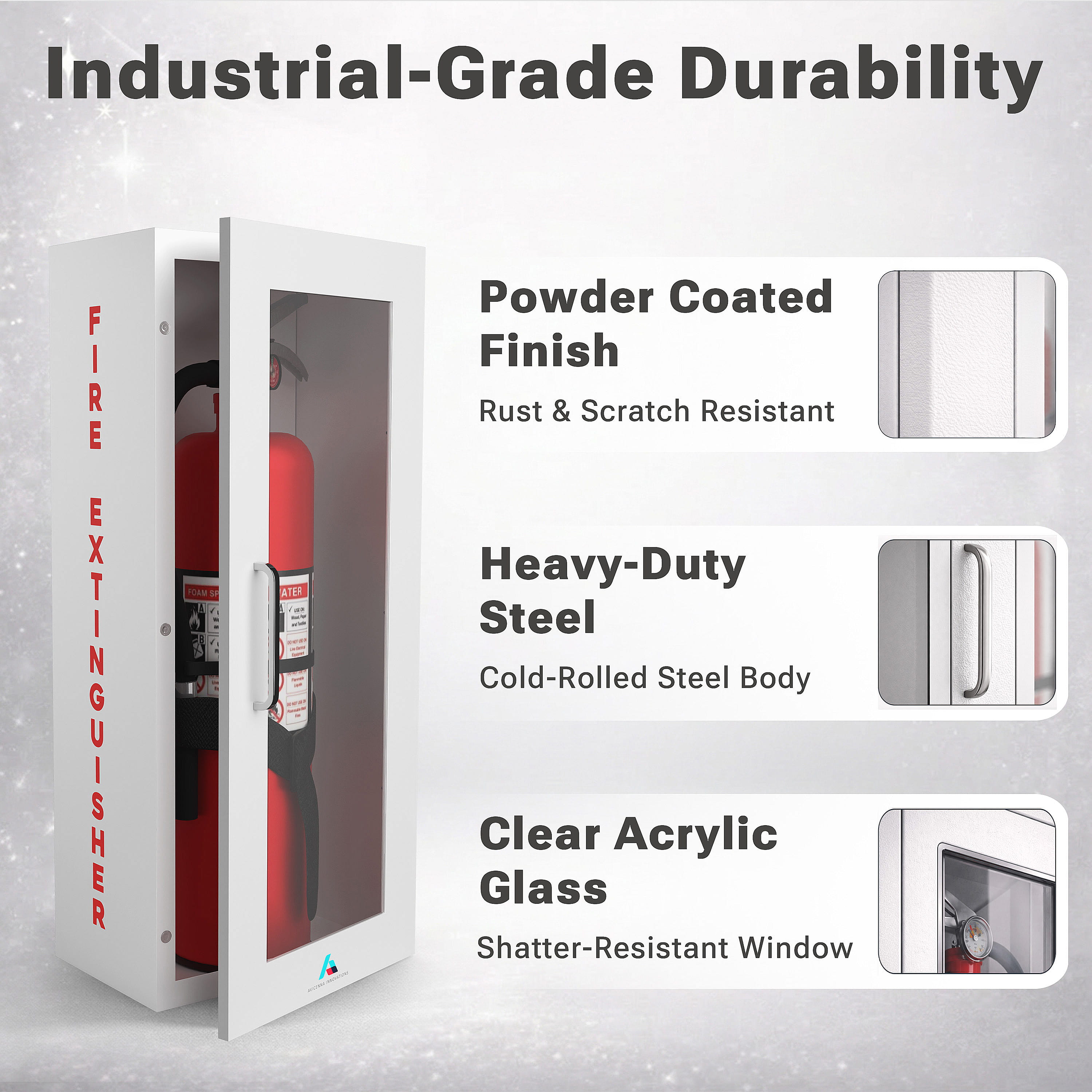 Avicenna Innovations Steel Fire Extinguisher Cabinet White | Wall Mount Box with Quick-Access Magnetic Door | Turnkey Kit with 3D Sign, Tags & Seals | Fits 5-10lb Extinguishers (24.6"H x 10.6"W x 5.9"D)