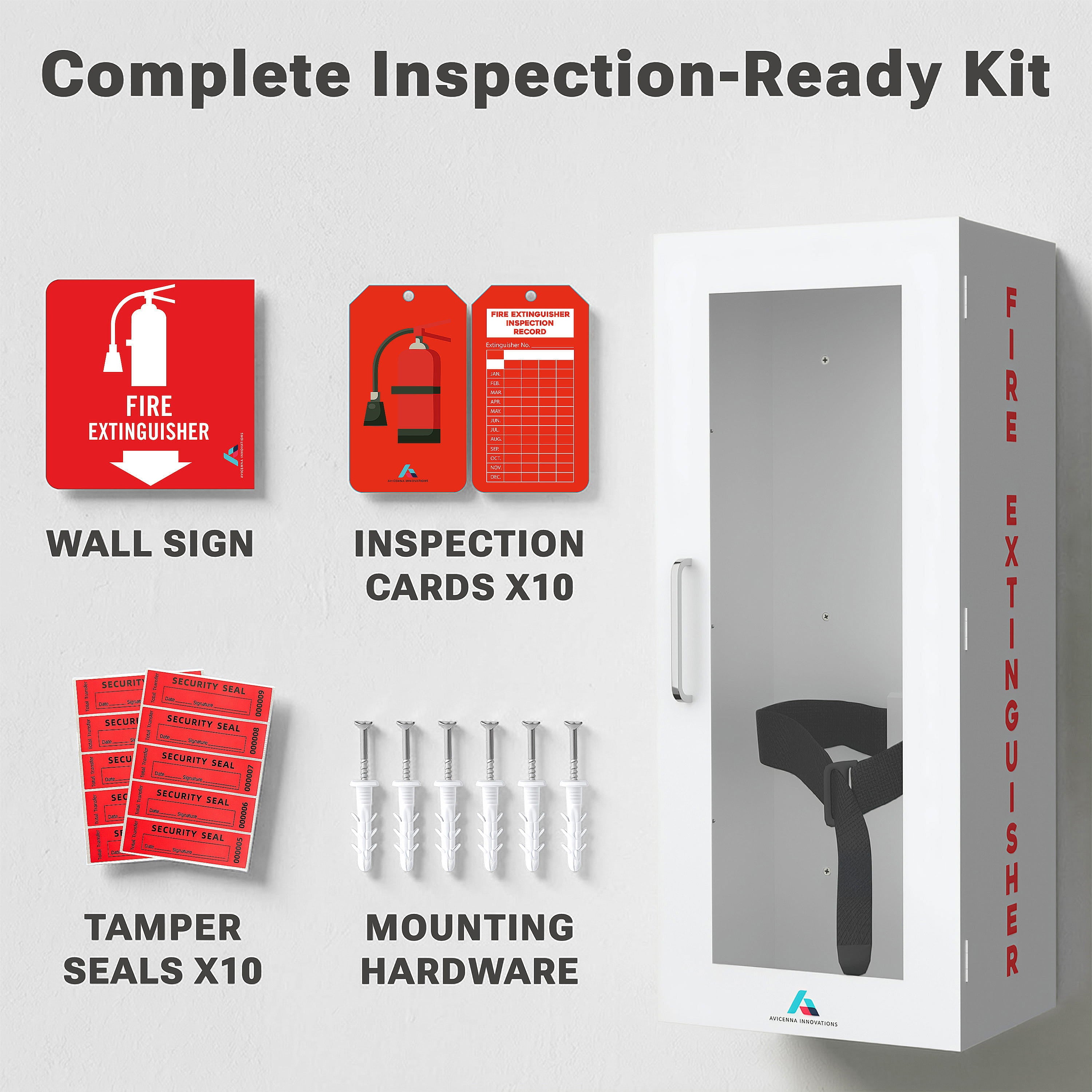 Avicenna Innovations Steel Fire Extinguisher Cabinet White | Wall Mount Box with Quick-Access Magnetic Door | Turnkey Kit with 3D Sign, Tags & Seals | Fits 5-10lb Extinguishers (24.6"H x 10.6"W x 5.9"D)
