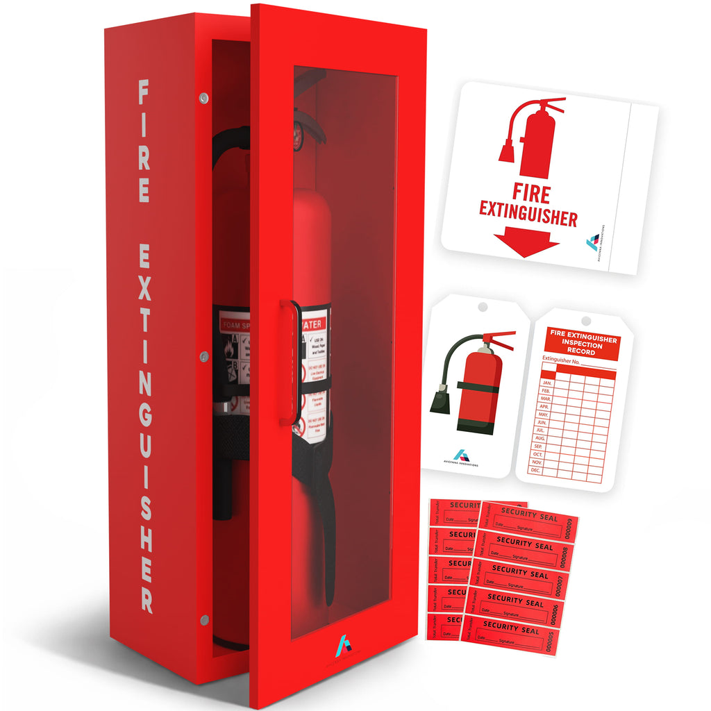 Avicenna Innovations Steel Fire Extinguisher Cabinet Red | Wall Mount Box with Quick-Access Magnetic Door | Turnkey Kit with 3D Sign, Tags & Seals | Fits 5-10lb Extinguishers (24.6" H x 10.6" W x 5.9" D)