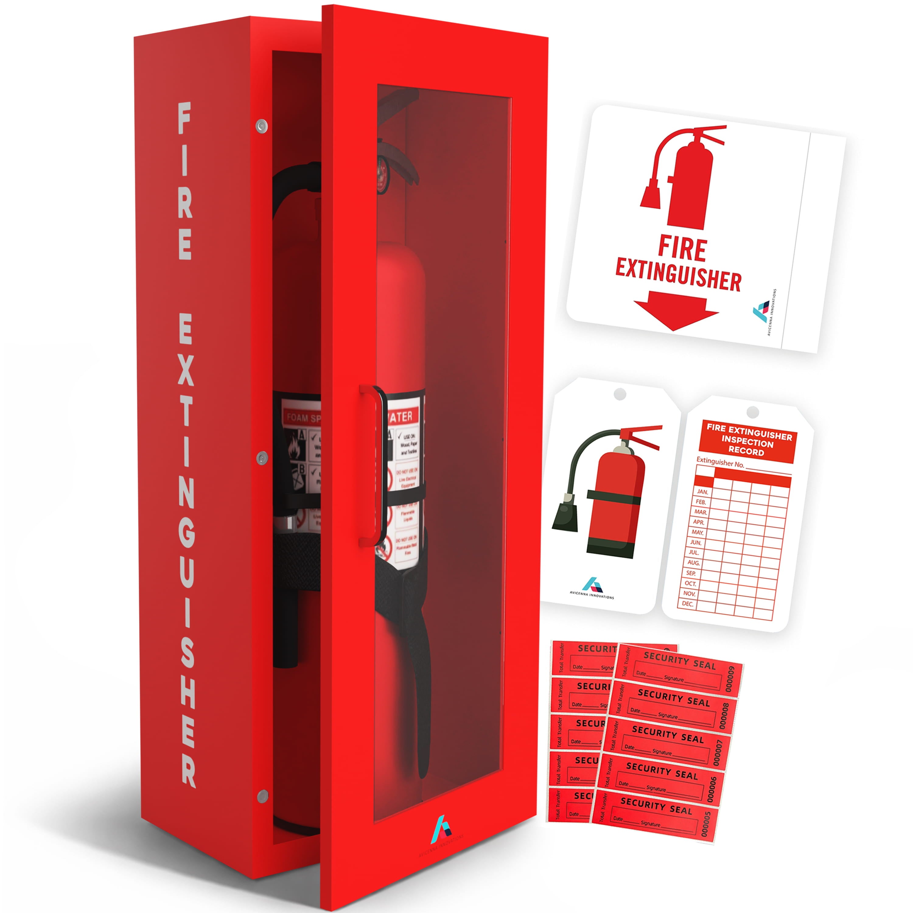 Avicenna Innovations Steel Fire Extinguisher Cabinet Red | Wall Mount Box with Quick-Access Magnetic Door | Turnkey Kit with 3D Sign, Tags & Seals | Fits 5-10lb Extinguishers (24.6" H x 10.6" W x 5.9" D)
