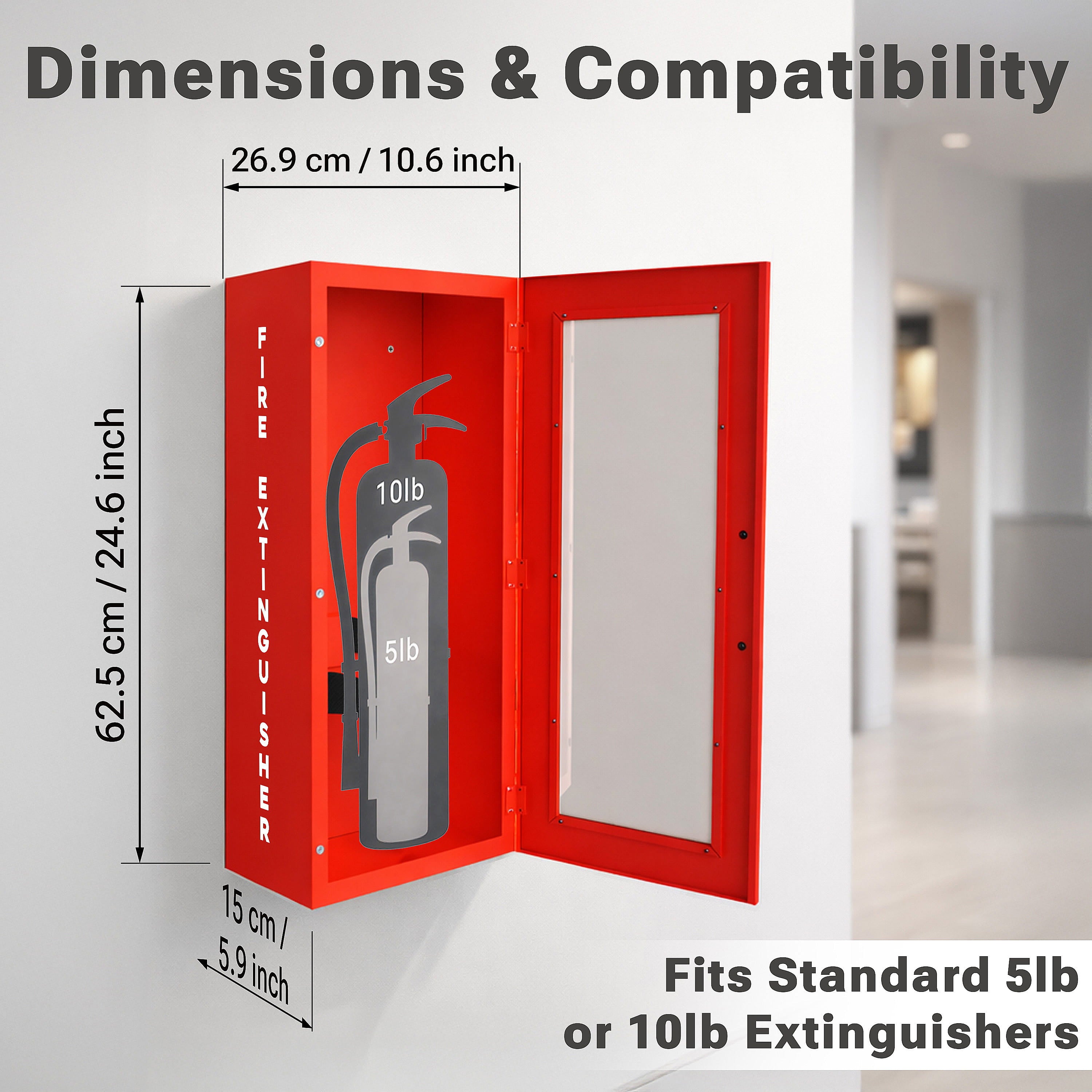 Avicenna Innovations Steel Fire Extinguisher Cabinet Red | Wall Mount Box with Quick-Access Magnetic Door | Turnkey Kit with 3D Sign, Tags & Seals | Fits 5-10lb Extinguishers (24.6" H x 10.6" W x 5.9" D)
