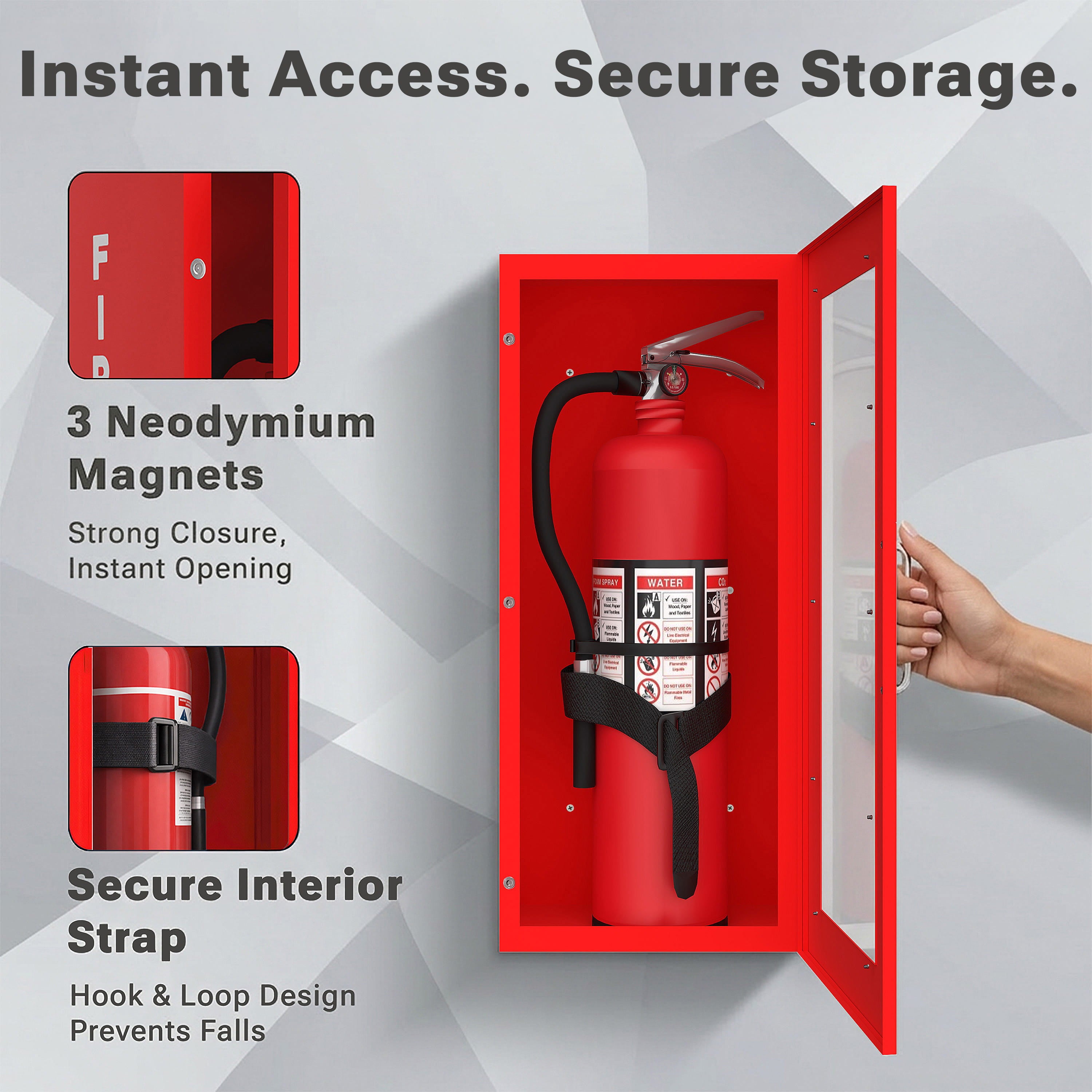 Avicenna Innovations Steel Fire Extinguisher Cabinet Red | Wall Mount Box with Quick-Access Magnetic Door | Turnkey Kit with 3D Sign, Tags & Seals | Fits 5-10lb Extinguishers (24.6" H x 10.6" W x 5.9" D)