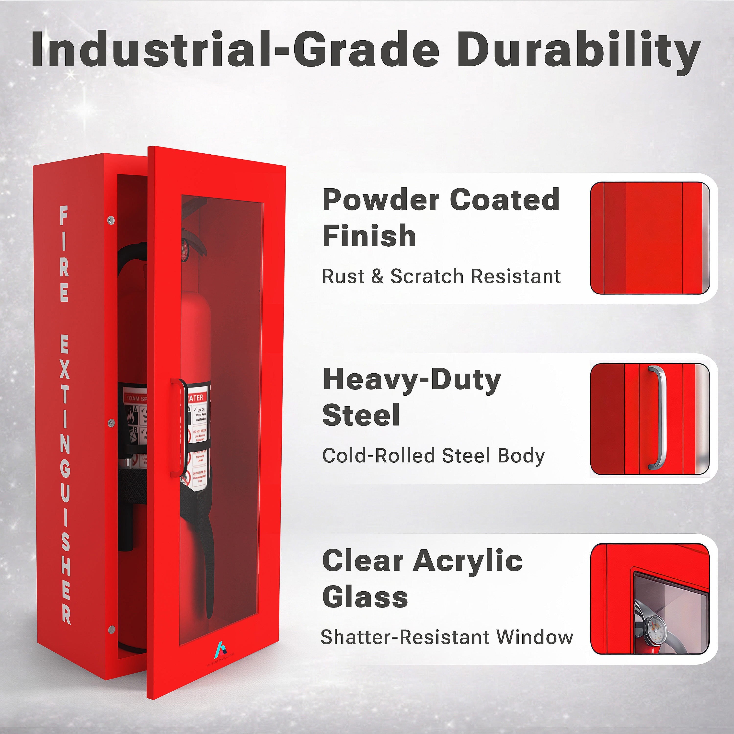 Avicenna Innovations Steel Fire Extinguisher Cabinet Red | Wall Mount Box with Quick-Access Magnetic Door | Turnkey Kit with 3D Sign, Tags & Seals | Fits 5-10lb Extinguishers (24.6" H x 10.6" W x 5.9" D)