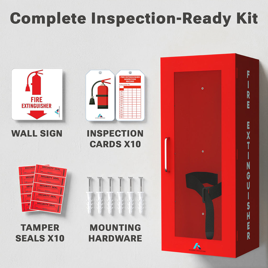 Avicenna Innovations Steel Fire Extinguisher Cabinet Red | Wall Mount Box with Quick-Access Magnetic Door | Turnkey Kit with 3D Sign, Tags & Seals | Fits 5-10lb Extinguishers (24.6" H x 10.6" W x 5.9" D)