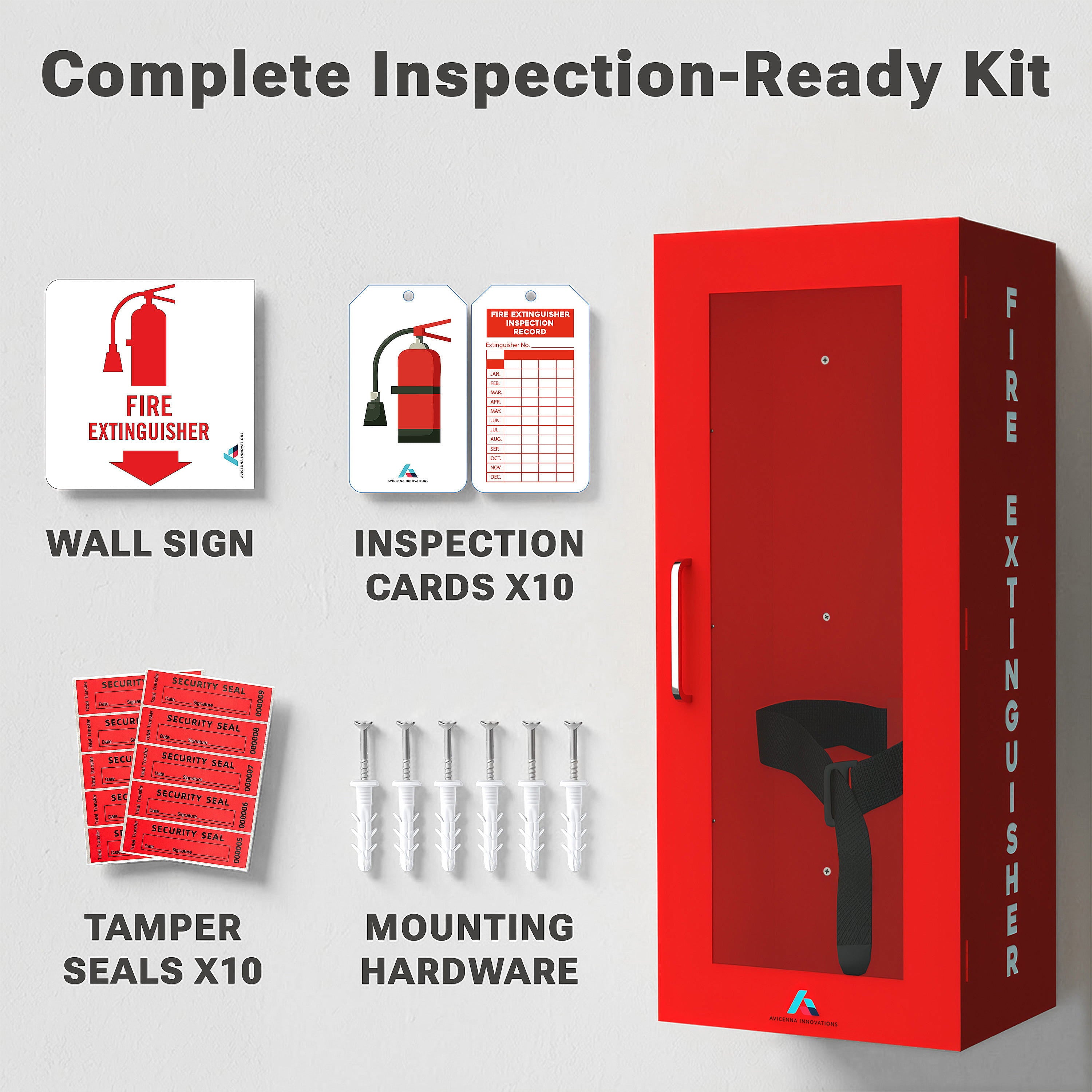 Avicenna Innovations Steel Fire Extinguisher Cabinet Red | Wall Mount Box with Quick-Access Magnetic Door | Turnkey Kit with 3D Sign, Tags & Seals | Fits 5-10lb Extinguishers (24.6" H x 10.6" W x 5.9" D)
