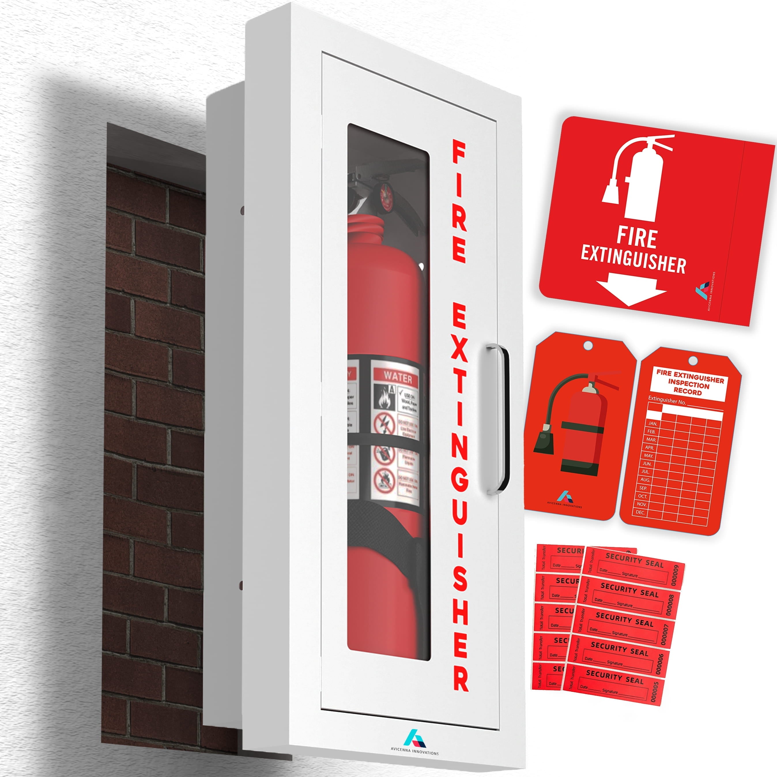 Avicenna Innovations Ready-to-Deploy Semi-Recessed Fire Extinguisher Cabinet White | Heavy-Duty Steel Wall Mount Box | for 5-10 lb Extinguishers | Includes Signage, Seals & Tags | No Extra Purchases Required