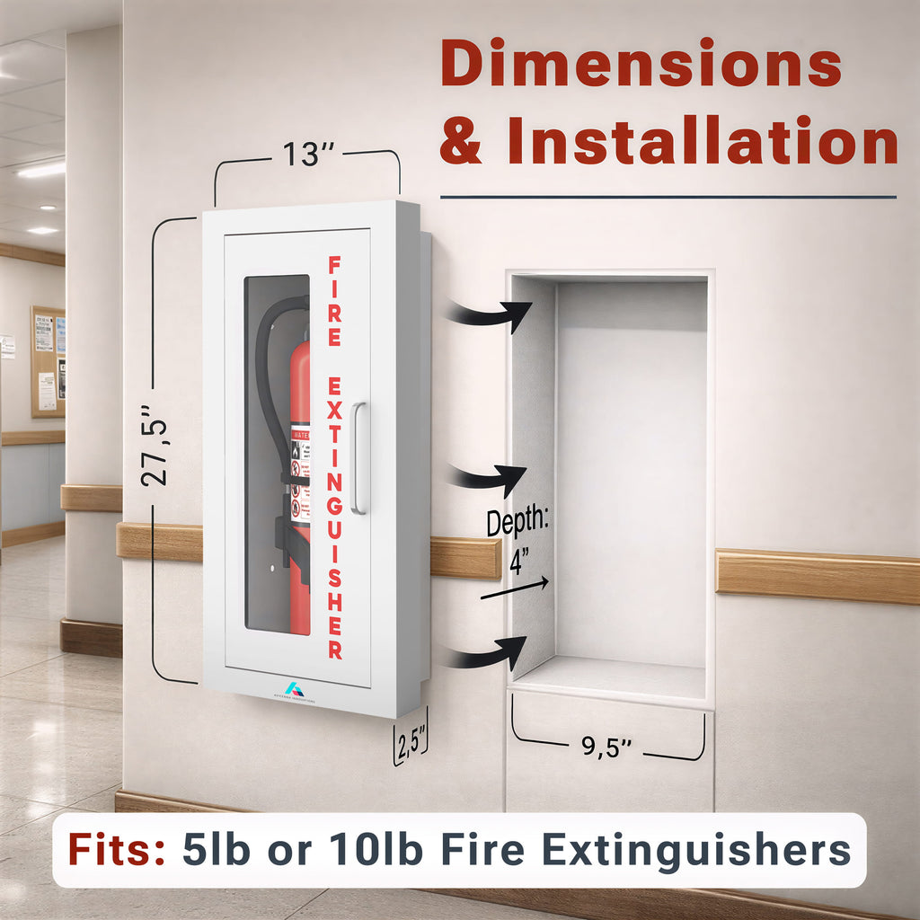 Avicenna Innovations Ready-to-Deploy Semi-Recessed Fire Extinguisher Cabinet White | Heavy-Duty Steel Wall Mount Box | for 5-10 lb Extinguishers | Includes Signage, Seals & Tags | No Extra Purchases Required