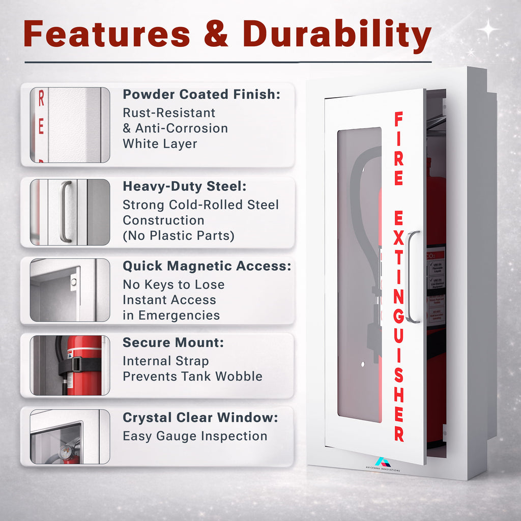 Avicenna Innovations Ready-to-Deploy Semi-Recessed Fire Extinguisher Cabinet White | Heavy-Duty Steel Wall Mount Box | for 5-10 lb Extinguishers | Includes Signage, Seals & Tags | No Extra Purchases Required
