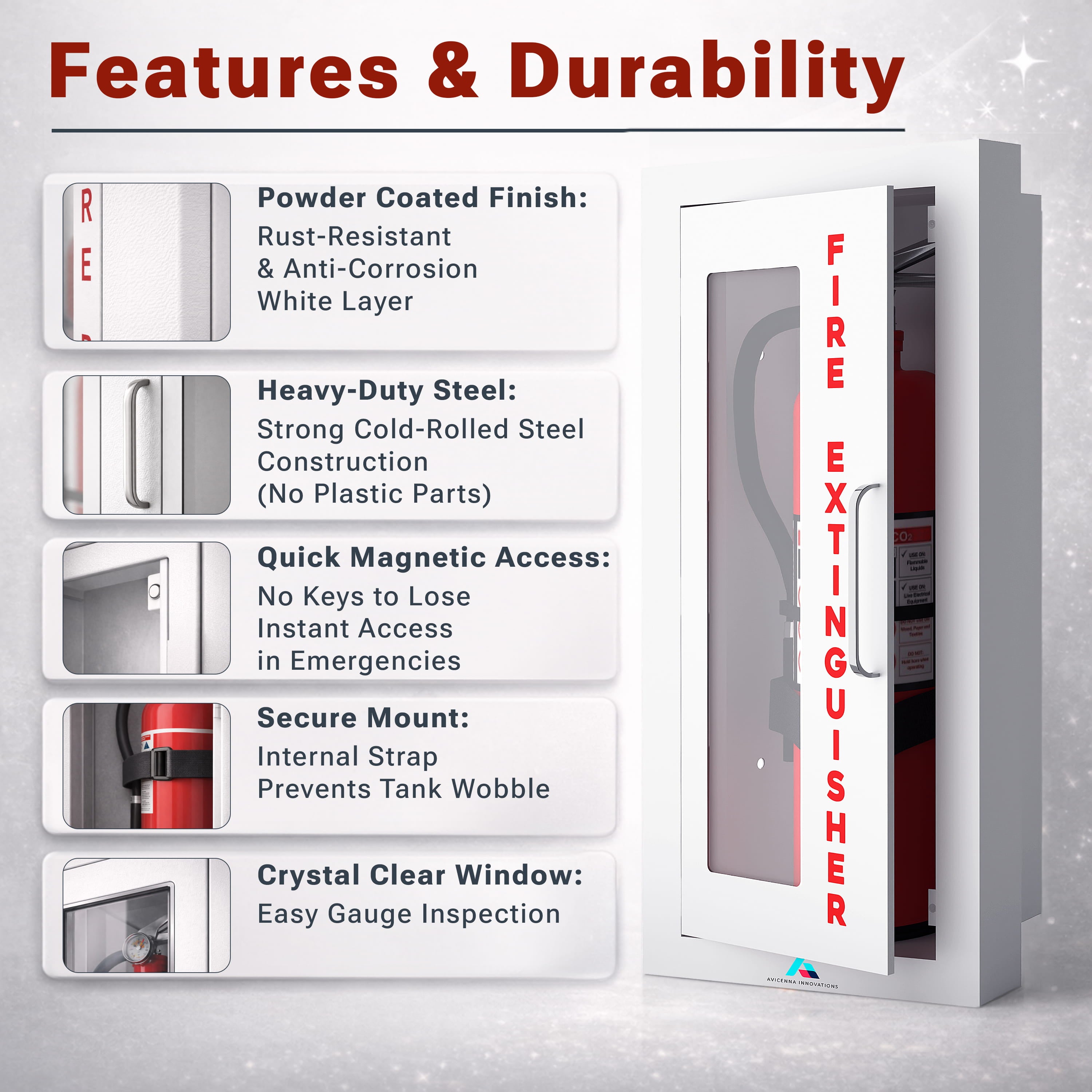 Avicenna Innovations Ready-to-Deploy Semi-Recessed Fire Extinguisher Cabinet White | Heavy-Duty Steel Wall Mount Box | for 5-10 lb Extinguishers | Includes Signage, Seals & Tags | No Extra Purchases Required