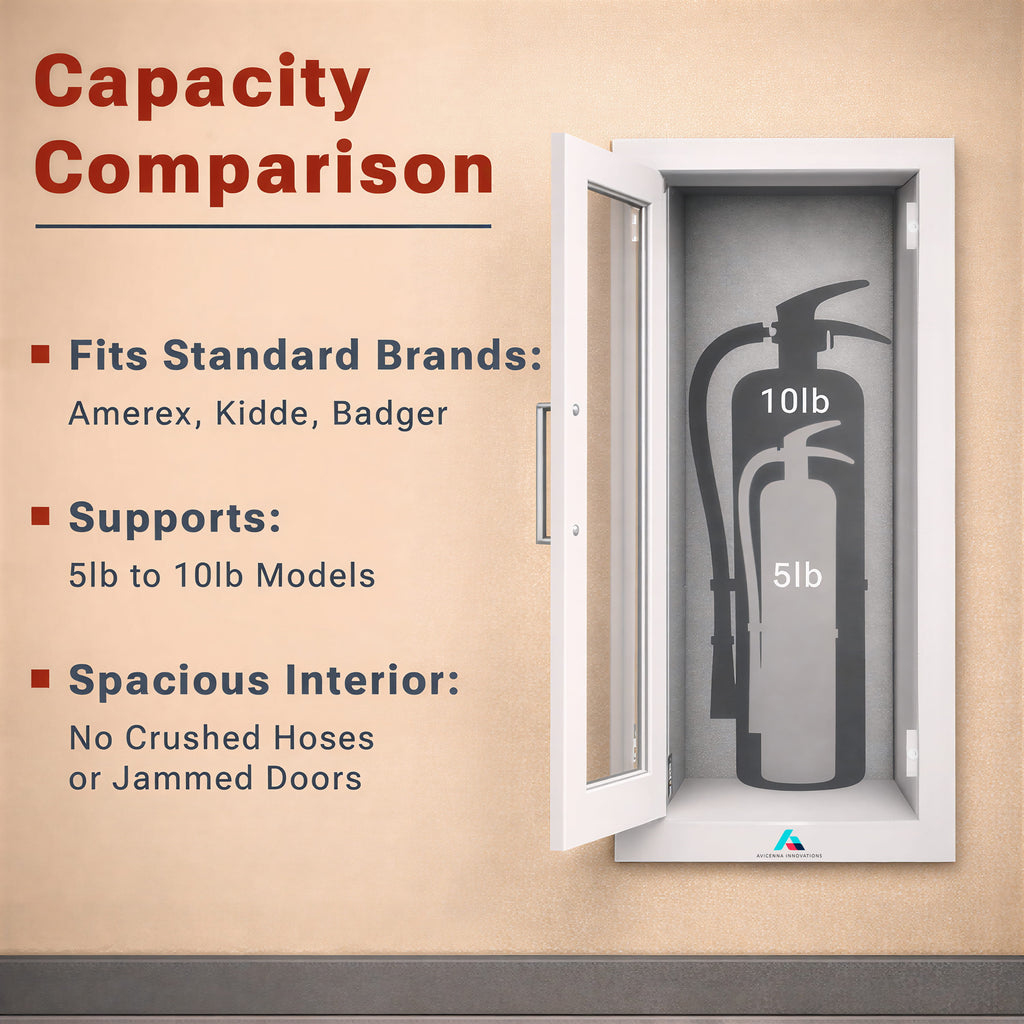 Avicenna Innovations Ready-to-Deploy Semi-Recessed Fire Extinguisher Cabinet White | Heavy-Duty Steel Wall Mount Box | for 5-10 lb Extinguishers | Includes Signage, Seals & Tags | No Extra Purchases Required