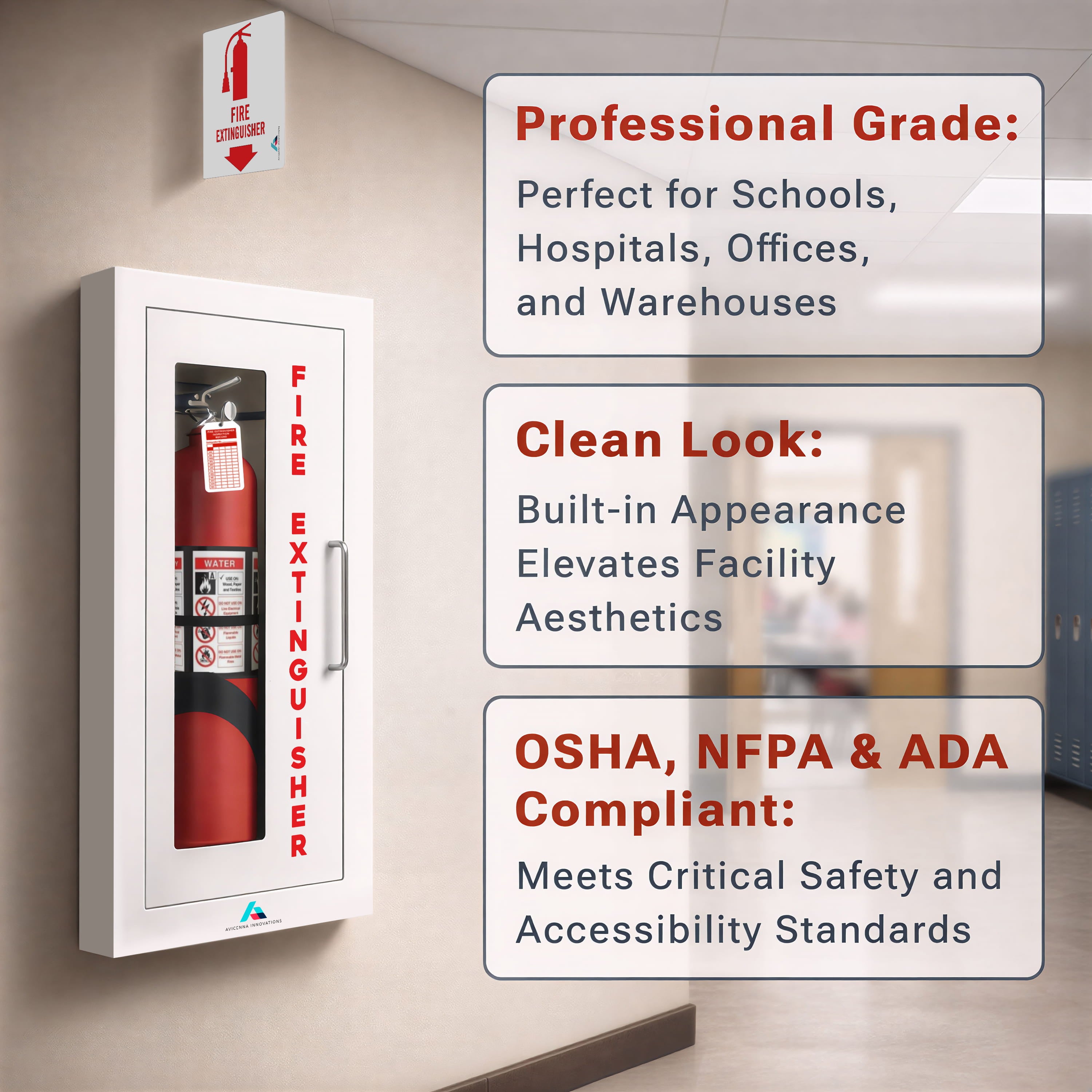 Avicenna Innovations Ready-to-Deploy Semi-Recessed Fire Extinguisher Cabinet White | Heavy-Duty Steel Wall Mount Box | for 5-10 lb Extinguishers | Includes Signage, Seals & Tags | No Extra Purchases Required