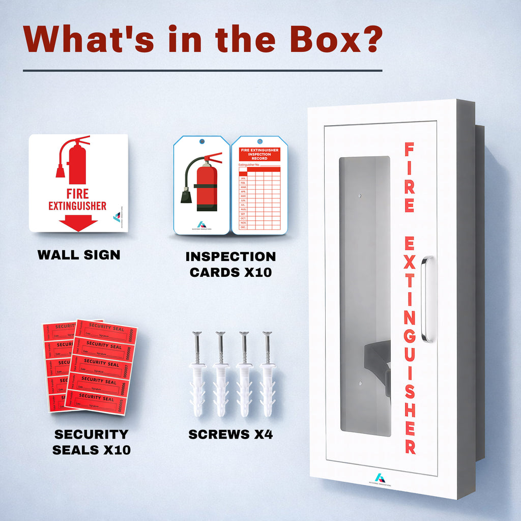 Avicenna Innovations Ready-to-Deploy Semi-Recessed Fire Extinguisher Cabinet White | Heavy-Duty Steel Wall Mount Box | for 5-10 lb Extinguishers | Includes Signage, Seals & Tags | No Extra Purchases Required