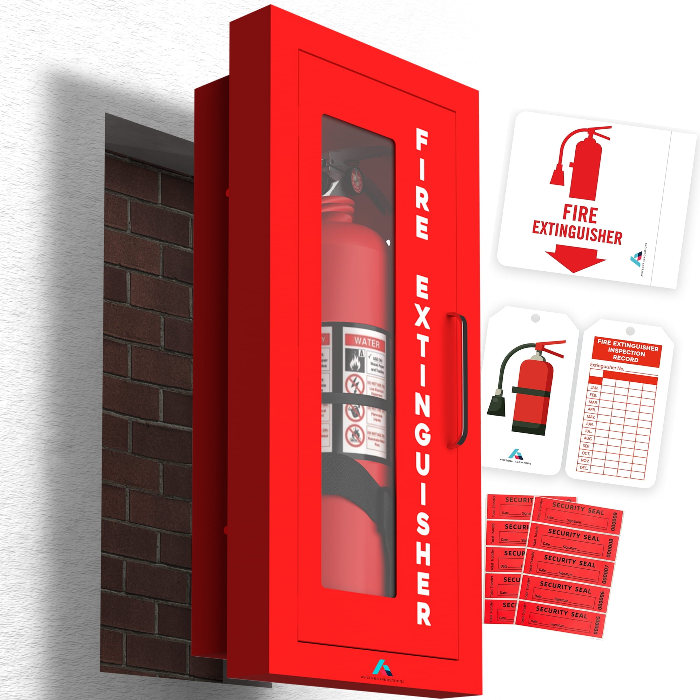 Avicenna Innovations Ready-to-Deploy Semi-Recessed Fire Extinguisher Cabinet Red | Heavy-Duty Steel Wall Mount Box | for 5-10 lb Extinguishers | Includes Signage, Seals & Tags | No Extra Purchases Required