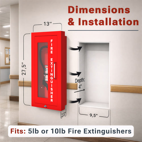 Avicenna Innovations Ready-to-Deploy Semi-Recessed Fire Extinguisher Cabinet Red | Heavy-Duty Steel Wall Mount Box | for 5-10 lb Extinguishers | Includes Signage, Seals & Tags | No Extra Purchases Required