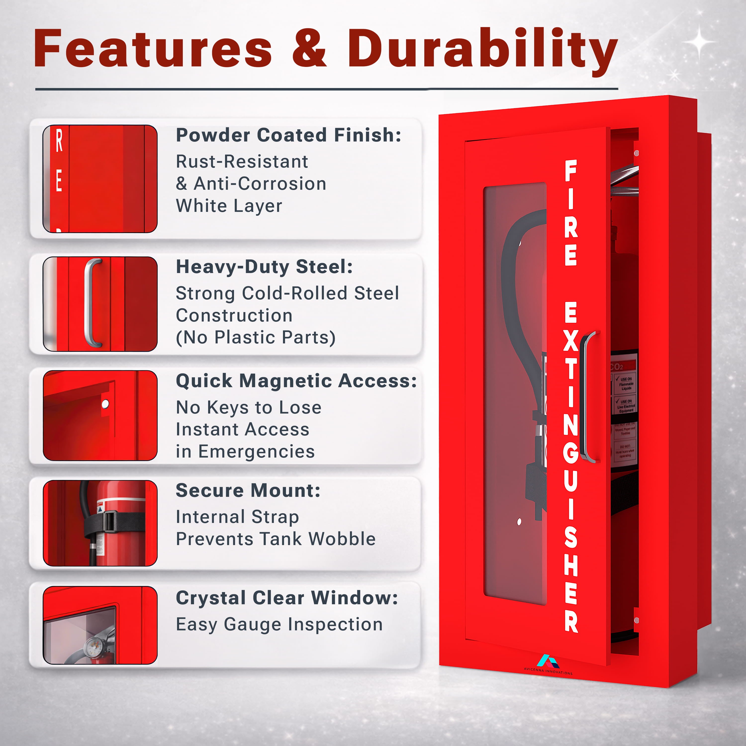 Avicenna Innovations Ready-to-Deploy Semi-Recessed Fire Extinguisher Cabinet Red | Heavy-Duty Steel Wall Mount Box | for 5-10 lb Extinguishers | Includes Signage, Seals & Tags | No Extra Purchases Required