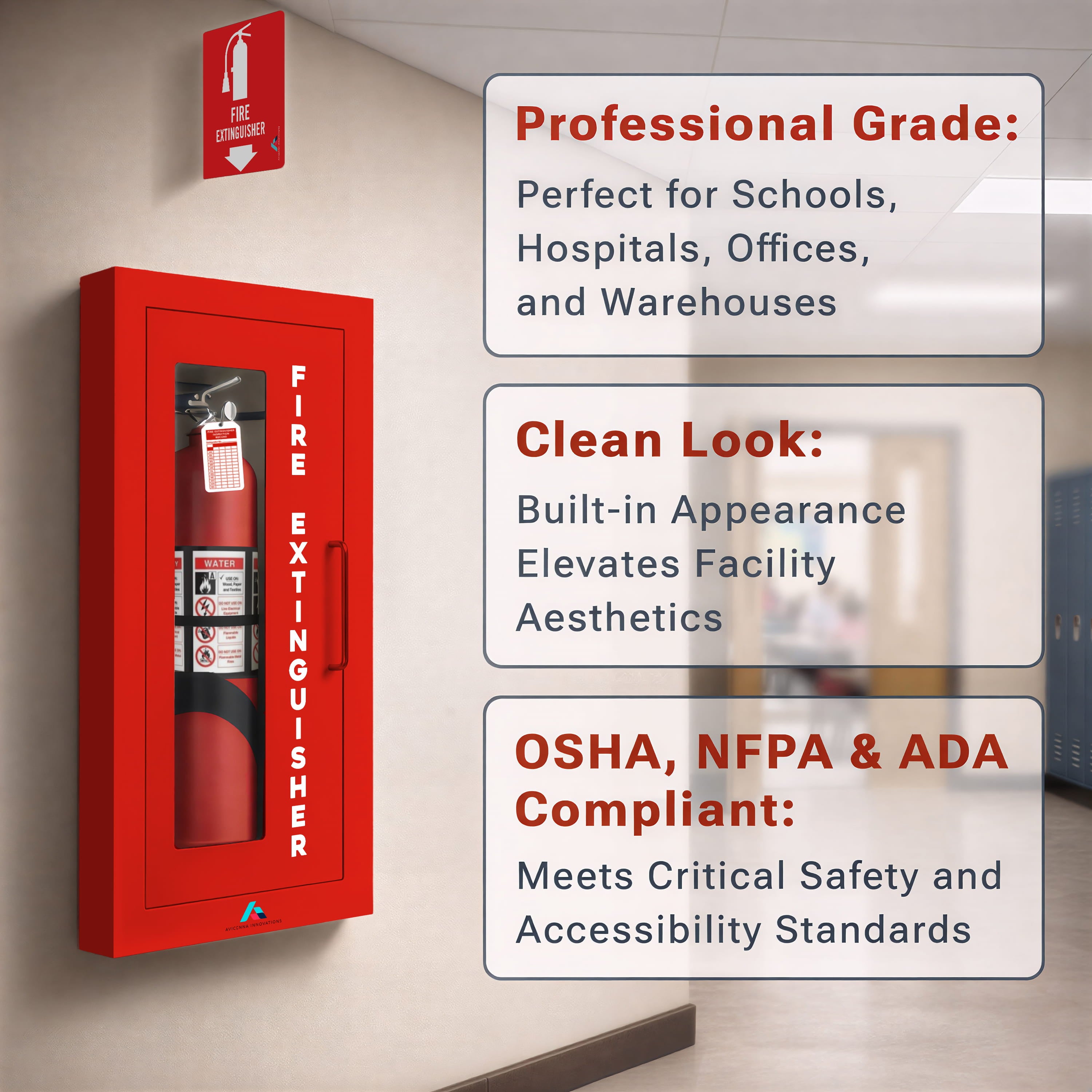 Avicenna Innovations Ready-to-Deploy Semi-Recessed Fire Extinguisher Cabinet Red | Heavy-Duty Steel Wall Mount Box | for 5-10 lb Extinguishers | Includes Signage, Seals & Tags | No Extra Purchases Required